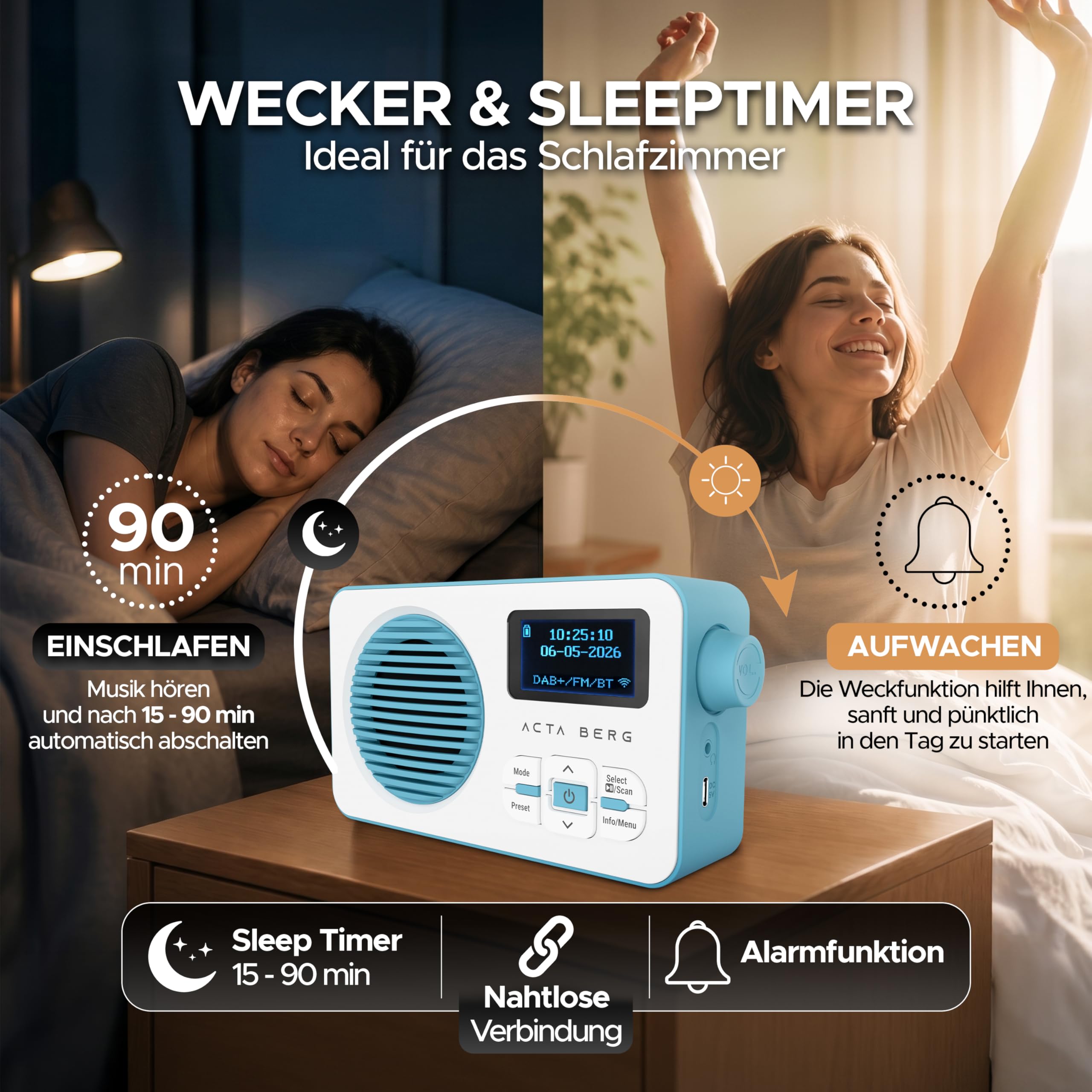 Acta Berg DAB Radio mit Akku 5000 mAh austauschbar & BT 5.3 (Baby-Blau) | DAB+/UKW-Radio, Akku austauschbar + Netzstecker, 80 Senderspeicher, USB-C, tragbares Digitalradio, mit Wecker & Timer