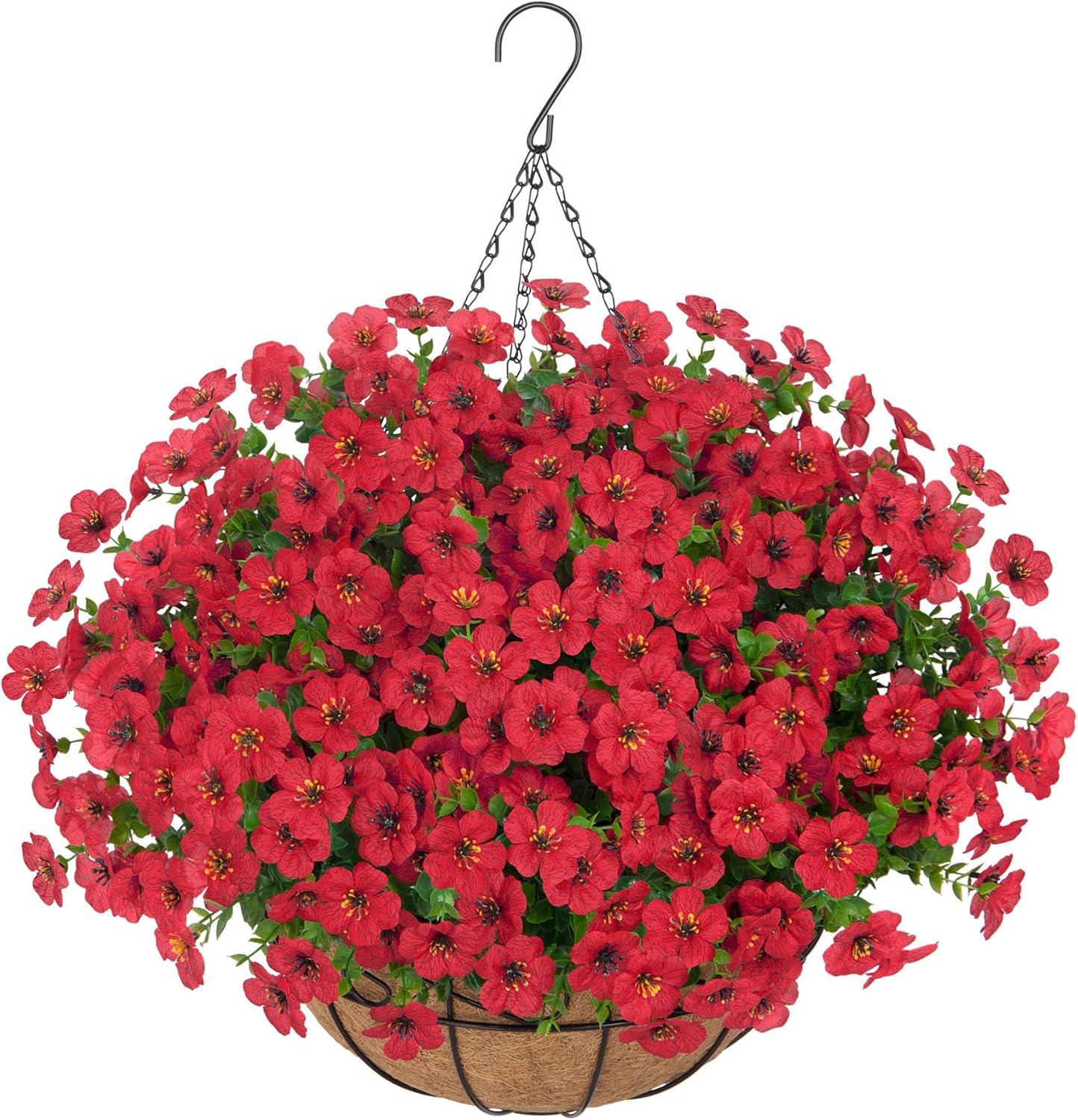 Bassion Artificial Hanging Flowers for Outdoors, UV Resistant Silk Flowers Basket Purple Faux Daisy with Eucalyptus Leaves Hanging Fake Plants for Porch Balcony Patio Home Spring Summer Decoration