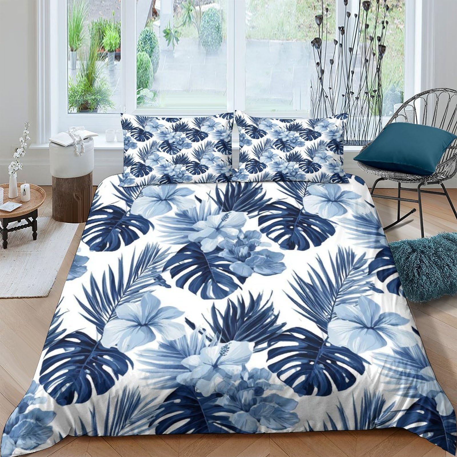 Ctjqhvkz Style-8 3D Printed Blue Monstera Fitted Sheet Microfiber Soft Tropical Leaf Mattress Cover For Bedroom Guest Room Decor Single（135X200cm）