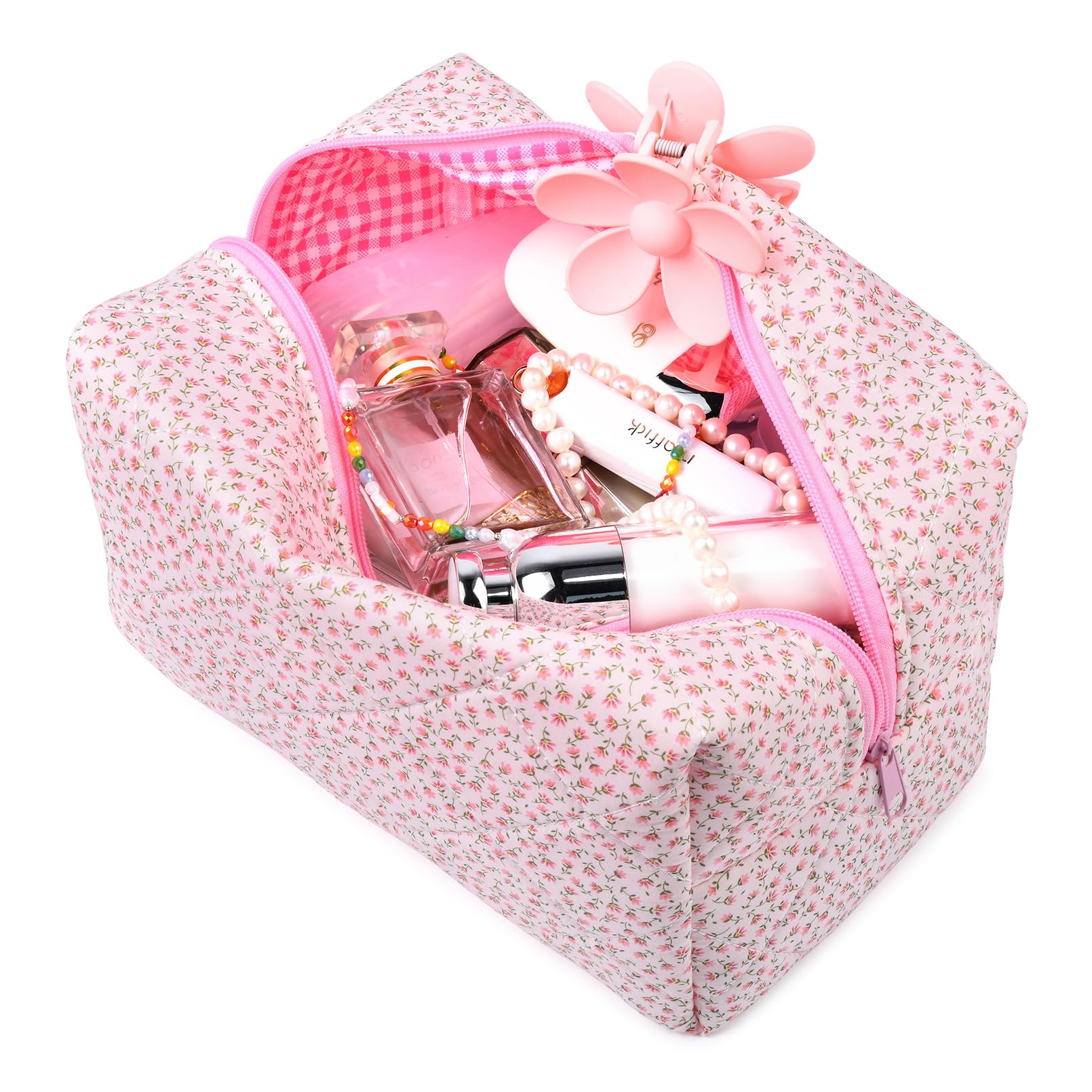 SOIDRAM Cosmetic Bag Cute Puffy Coquette Makeup pouch Aesthetic Large Travel Toiletry Bag, PINK DITSY, L, L-pink Ditsy Makeup Bag