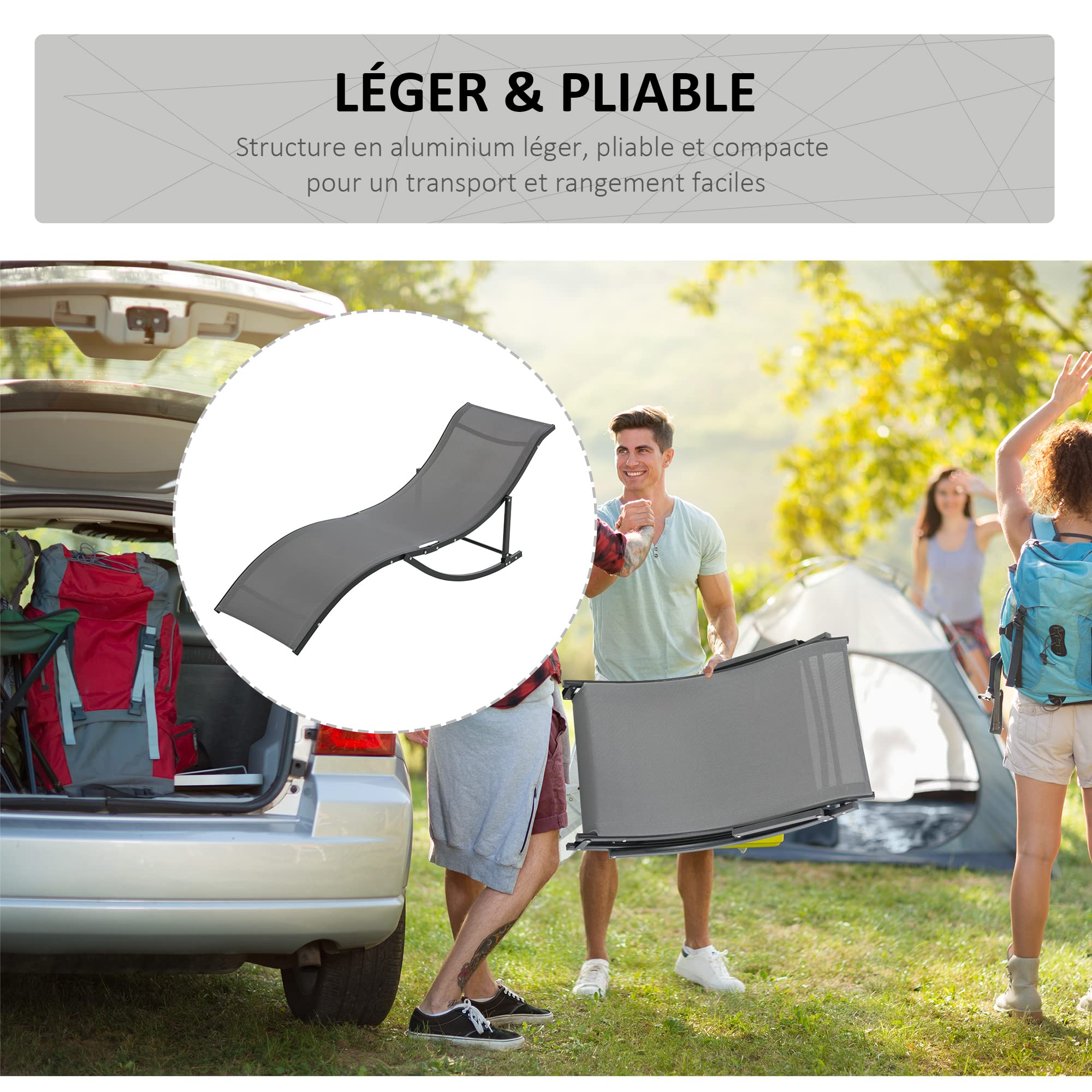 Outsunny Lot de 2 Bains de Soleil Pliables Chaise Longue 120 Kg Anthracite | Jardin Extérieur, Aluminium et Textilène, Transat Jardin Extérieur, pour Patio Terrasse Plage