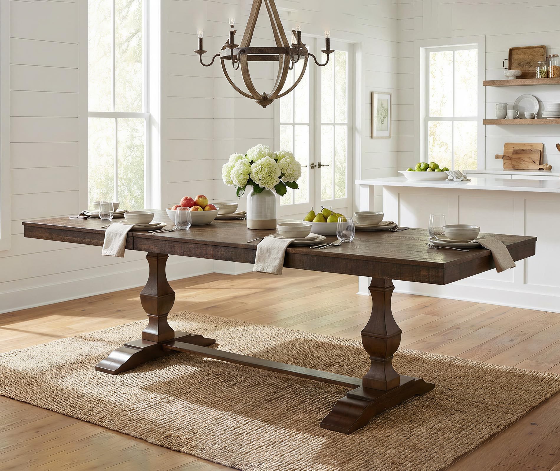 WAMPAT 74.8-inch Long Vintage Farmhouse Dining Table for 6-8 People,Sturdy Wooden Frame,Weathered Textured Tabletop,Solid Wood Double Pedestal Legs with T-Shaped Feet,Non-Extendable,Dark Walnut Brown