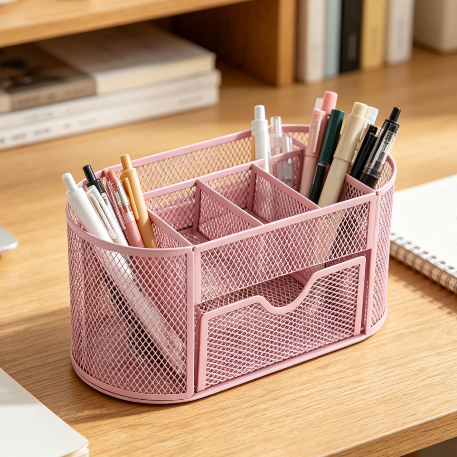 SIXRUN Portapenne a Rete con Cassetto, 9 Scomparti (PINK)