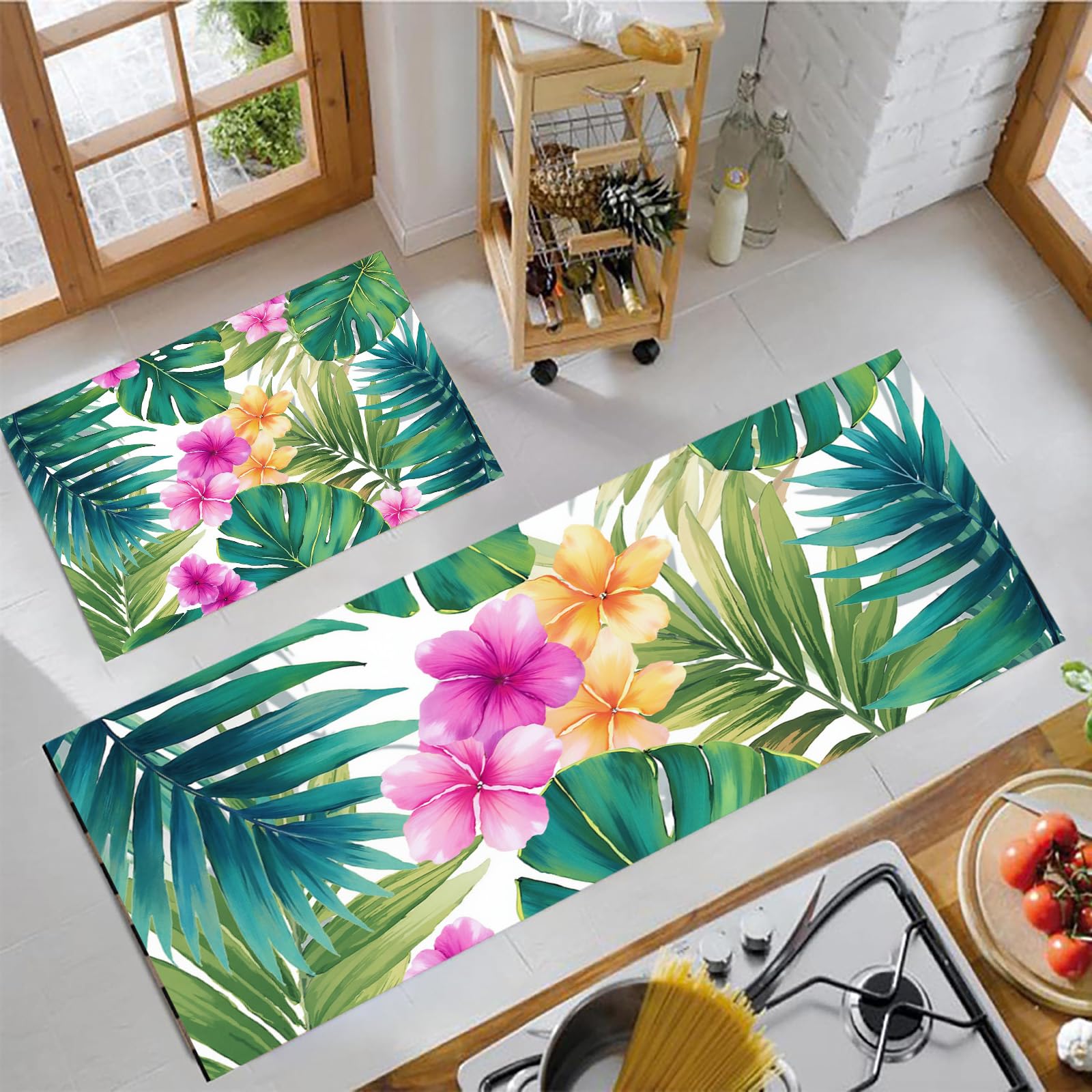 Alfombras de cocina lavables y antideslizantes con diseño tropical de hibisco rosa