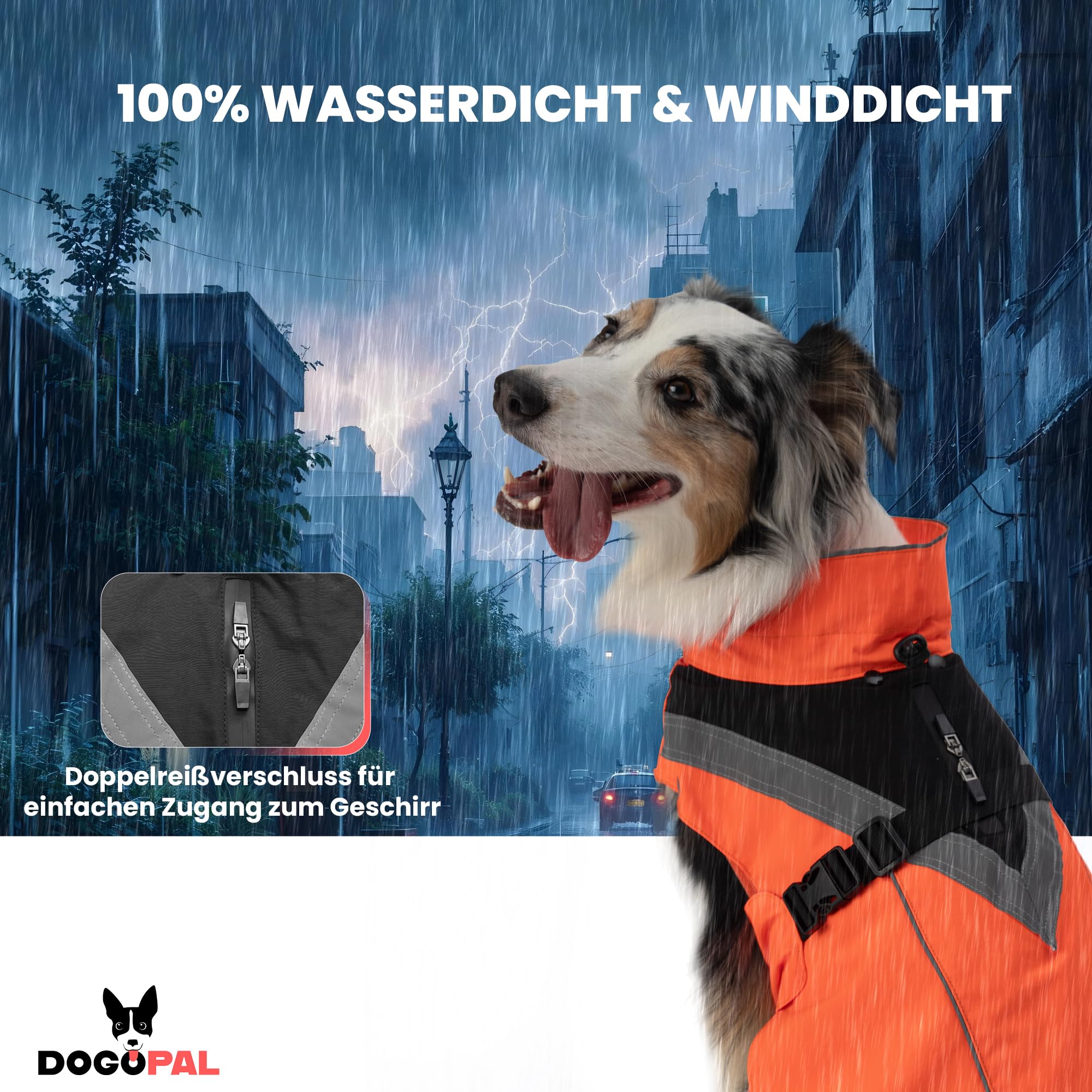 DOGOPAL 2in1 Allwetter-Hundemantel – Wasserdichter Hunderegenmantel mit herausnehmbarem Fleece – Regenmantel Hund für große, mittlere & kleine Hunde (Orange, L)