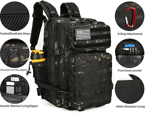 Miniatura 3 de Mochila de asalto táctico de 45L paquete de asalto de 3 días con mochila impermeable Molle para mochilas tácticas, Camo Negro, Mochila