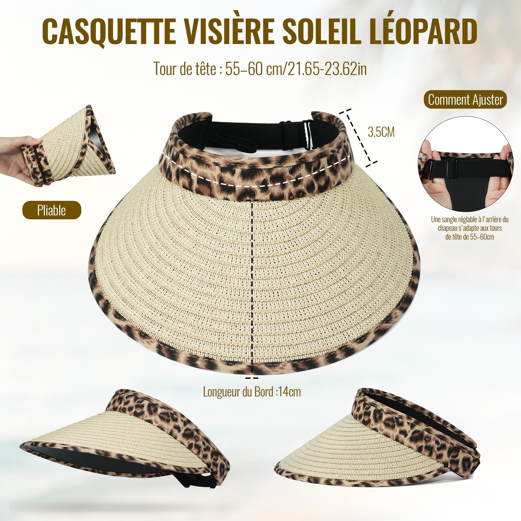 CLAPE Casquette Visière Femme Visières de Soleil Protection Solaire Straw Visor Hat Visière de Golf Tennis Respirant Summer Beach Sun Hat