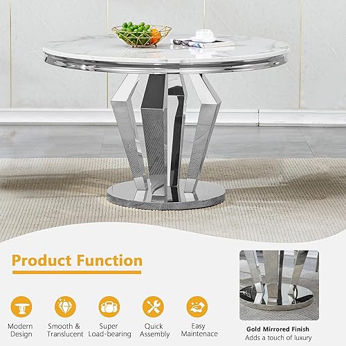 Miniatura 4 de Juego de 4 mesas de comedor redondas de mármol para 4, mesa de cocina redonda moderna y sillas de terciopelo beige, mesa de comedor de mármol blanco