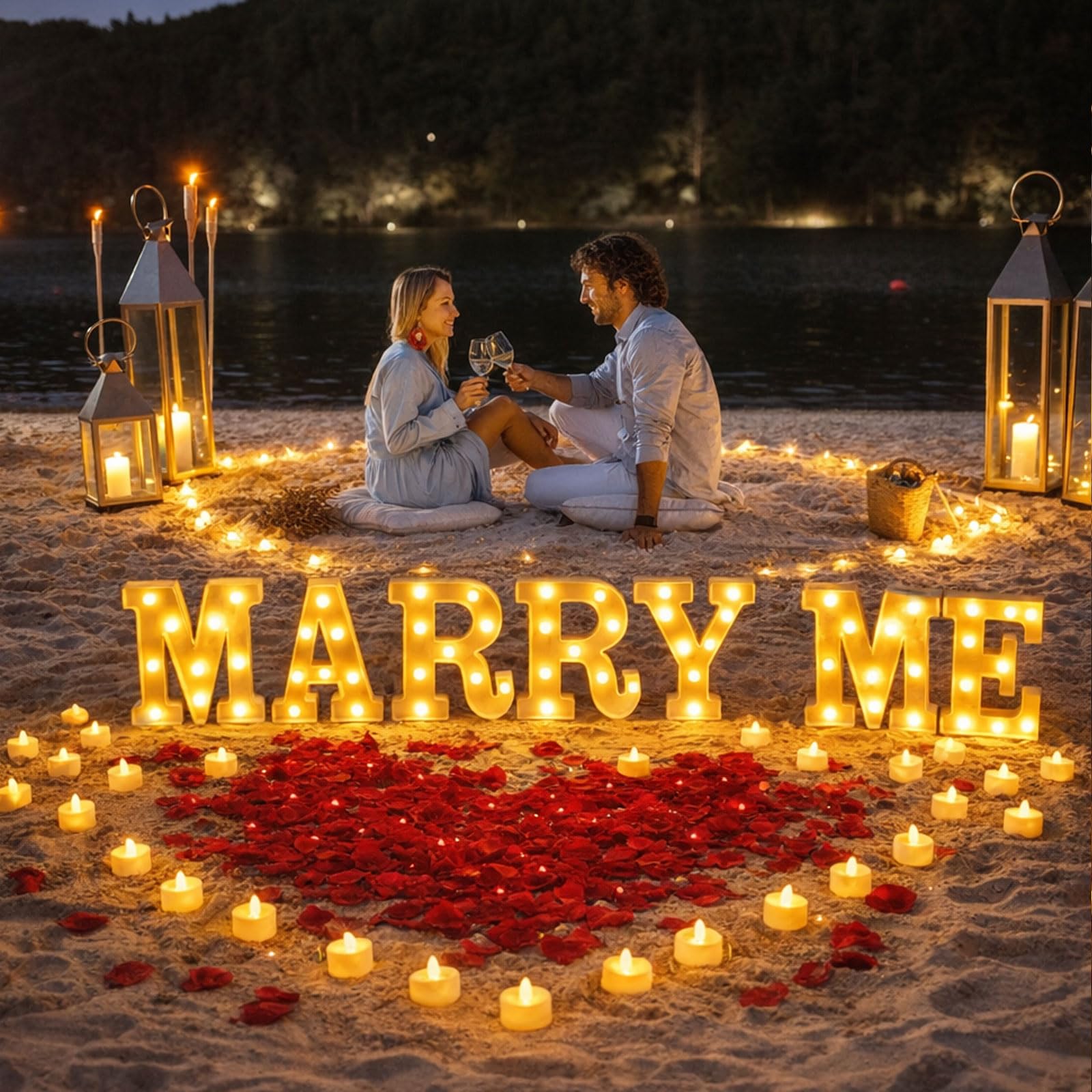 MeYuxg 2031 Stück MARRY ME Leuchtbuchstaben LED-Schild, MARRY ME-Schild mit 24 flammenlosen Herzkerzen, 2000 Rosenblättern für Heiratsantrag, Valentinstag, Verlobung, Hochzeit