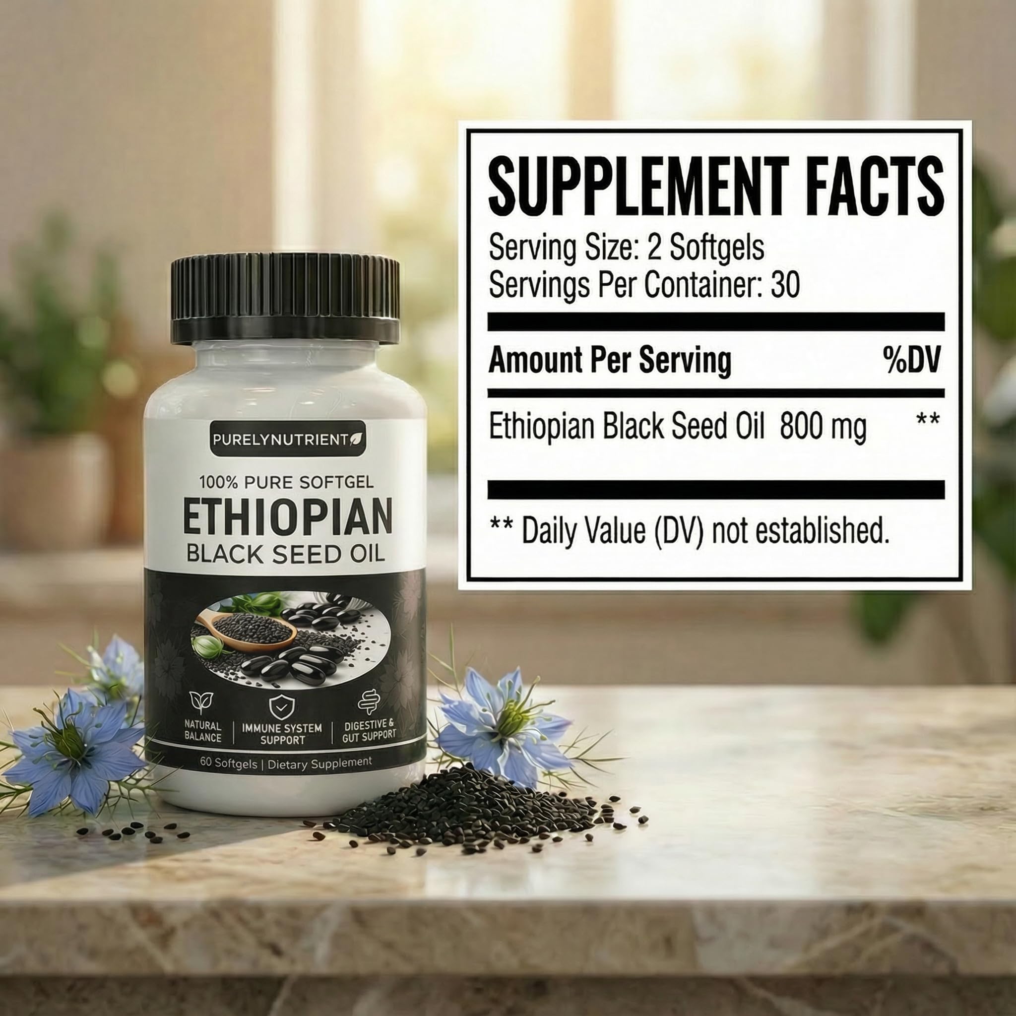 Ethiopian Black Seed Oil Capsules, Pure Black Seed Oil Organic Cold Pressed with 4.64% Thymoquinone, Non-GMO, Gluten-Free, 60 Softgels — Amazon image 2