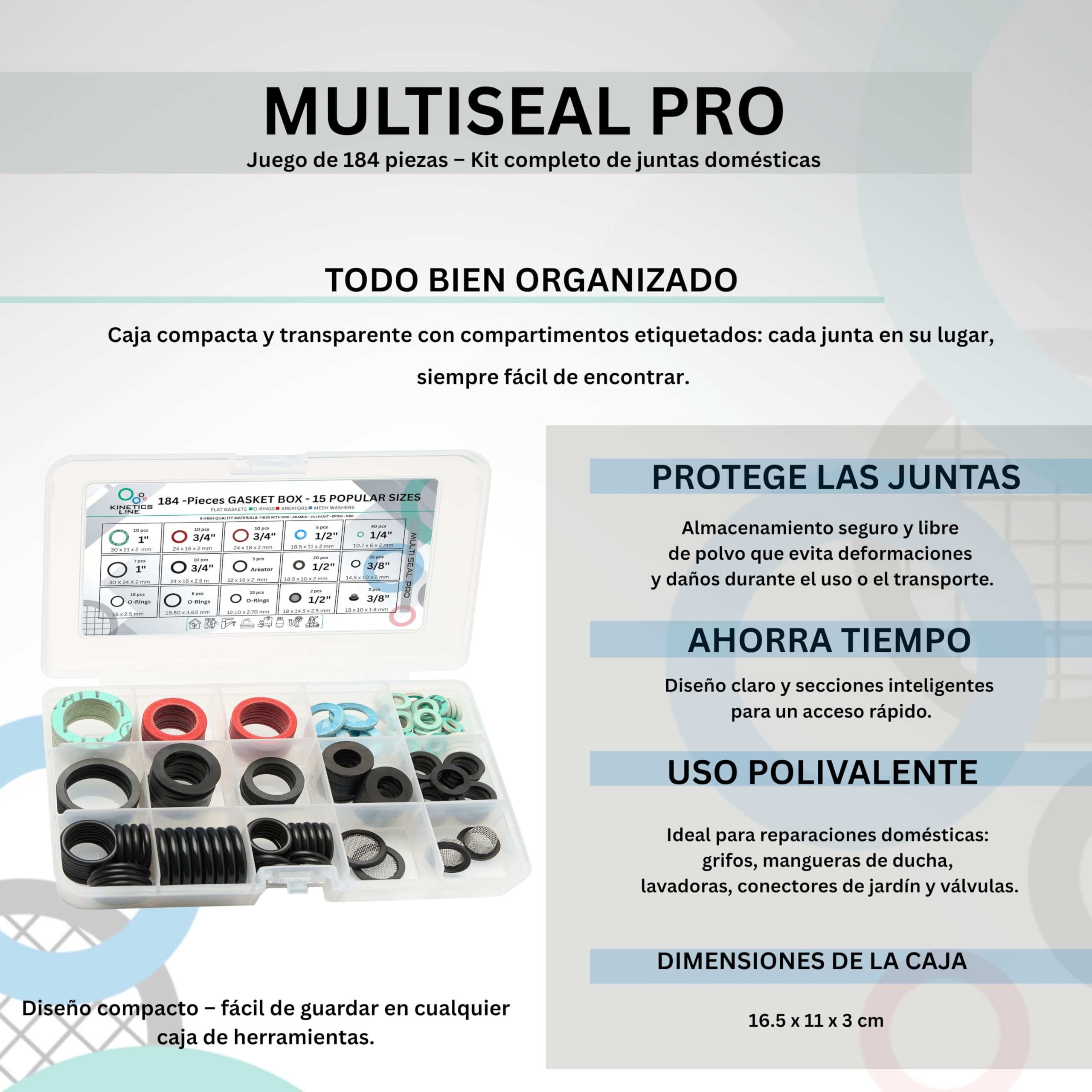 MultiSeal Box – Surtido de Juntas de 184 Piezas con 15 Tamaños Comunes para Hogar, Cocina y Baño