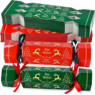 DARENYI 50 Pcs Christmas Crackers Bulk No Snap Party Crackers Table Favors Empty Merry Christmas Candy Treat Boxes with Ribbon and Reindeer Design, Small Xmas Gift Boxes for Sweets, Chocolate, Cookie