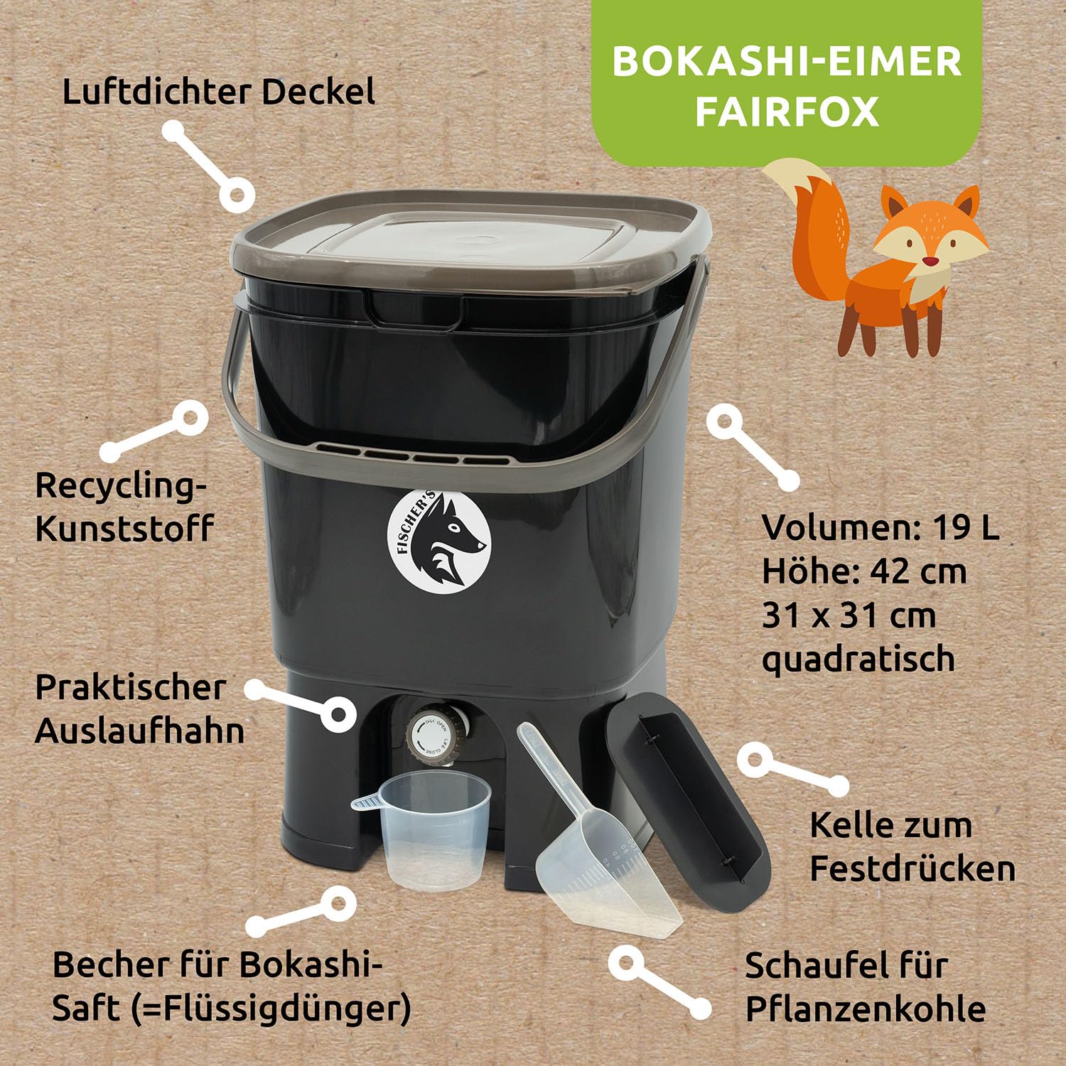Bokashi Komposteimer Küche 2er Set [Geruchsdicht] 2 x 19 L Volumen, Küchenabfalleimer, Komposter mit Zubehör 1 L EM + 1 Kg Bokashi Ferment für Küchenabfall & Kompostieren | Biomülleimer