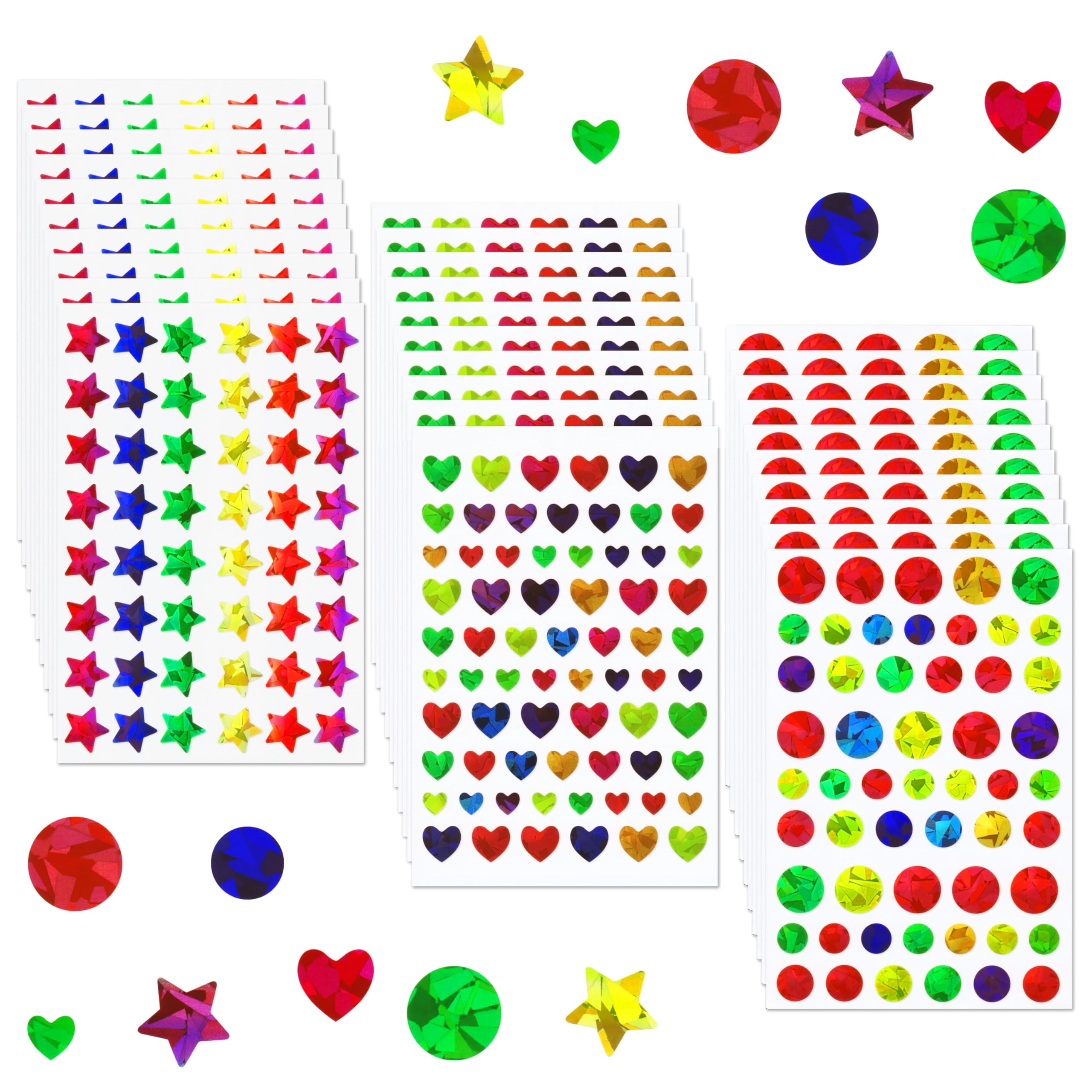 XCZYN 1710 Pcs Holographic Rainbow Stickers Sparkly Small Star Sticker, Varying Sizes Heart and Round Shaped for Kids Reward, Behavior Chart, Student Journal Decoration and School Classroom Teacher