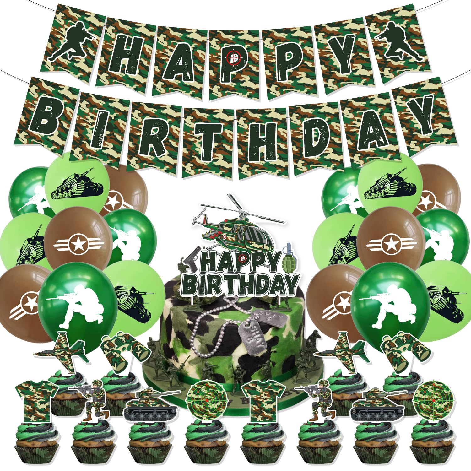 Photo 1 of **SIMILAR, MAY NOT BE EXACT ITEM**Army Military Theme Banner Set,Army Soldier Birthday Party Decorations, Camo Hero Theme, Balloons, Banner, Cupcake Toppers Green Camouflage Decorations for Military Soldier Themed Party