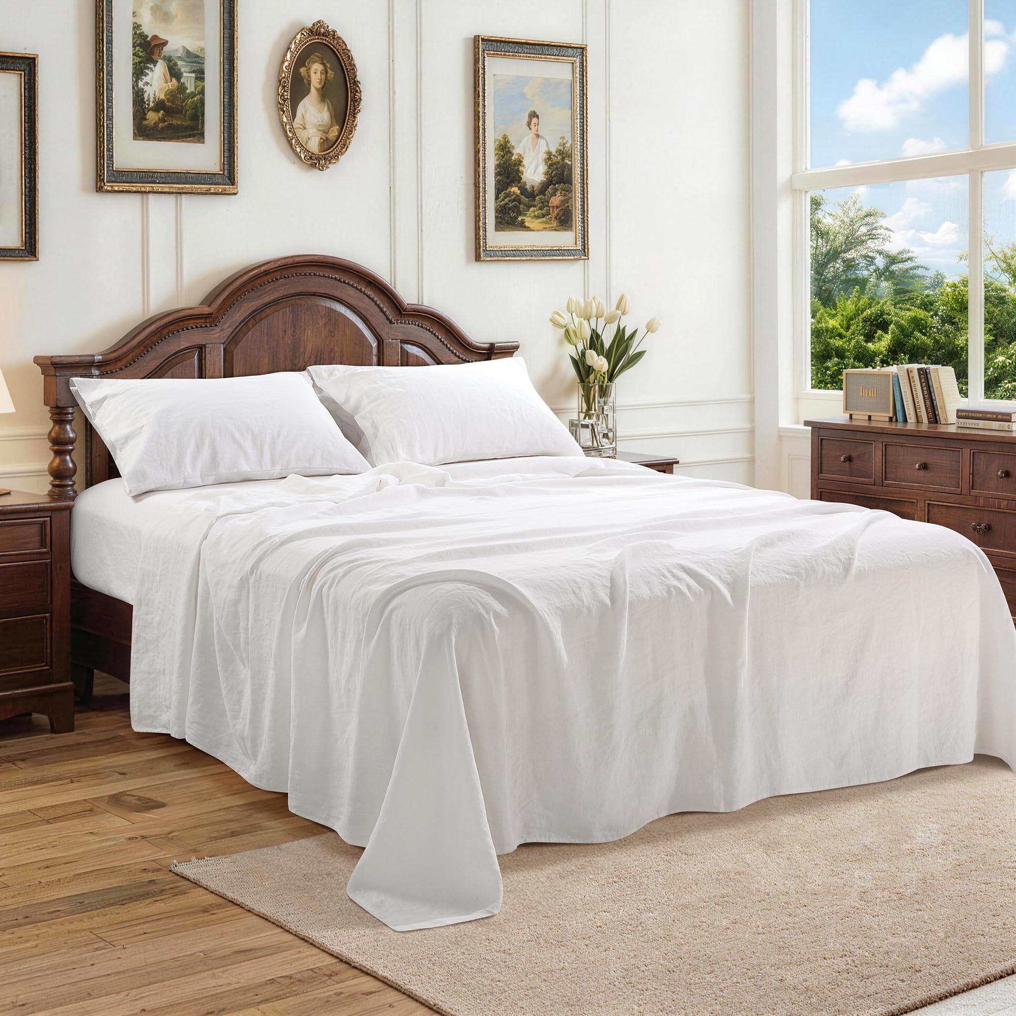 100% French Linen Sheet Set 4Pcs Deep Pocket 16", Cal King Size White