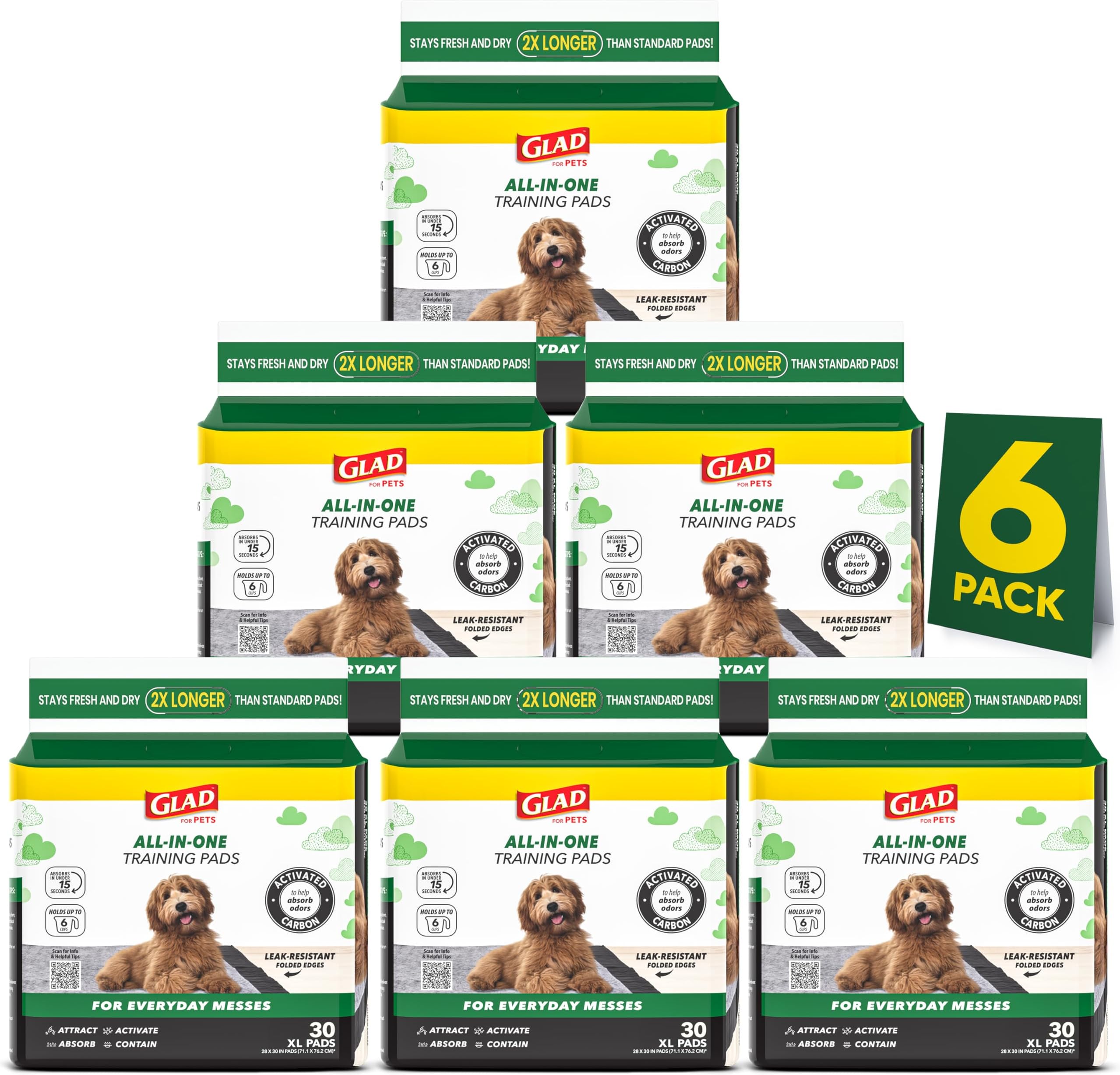 Glad for Pets XL Charcoal Training Pads for Dogs and Puppies, 30 Count | 6-layer, activated-carbon pads with pheromone attractant, leak-proof, extra-large 28 x 30 in coverage