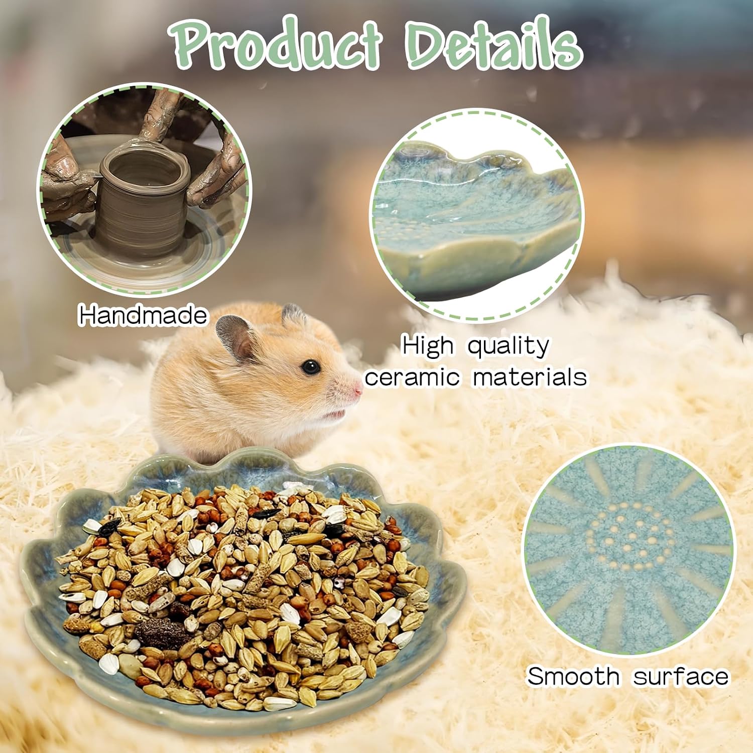 BNOSDM Shallow Ceramic Hamster Food Dish 2 Pcs Small Animals Food Bowl Sunflower Feeding Dishes for Gerbils Mice Rats 4.5in (Dark Green)