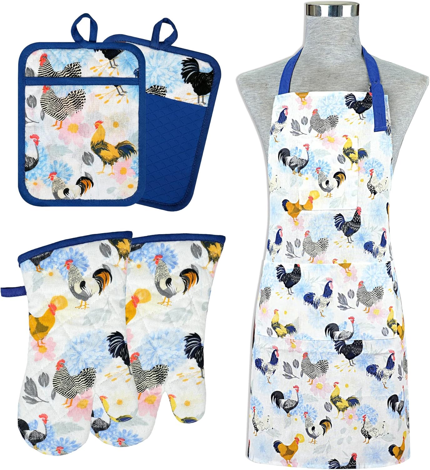 Oven Mitts and Pot Holders with Chef Apron,Set of 5 Heat Resistant Kitchen Gloves and Silicone Non-Slip Potholders Adjustable Neck Buckle Chef Apron, Cotton Nice Design for Cooking (Rooster) - Image 8