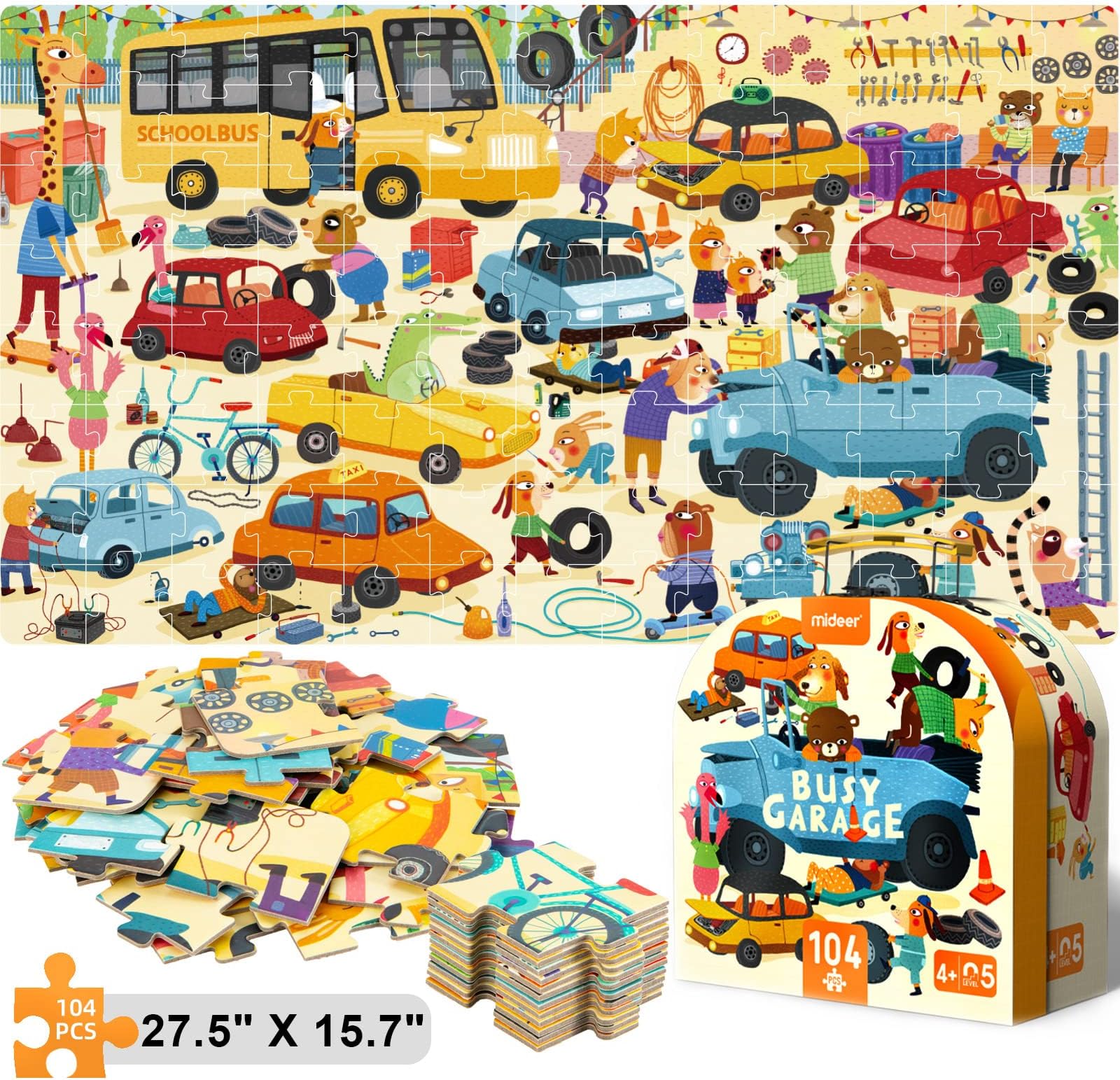 100Pcs Jigsaw Puzzles Kids Ages 4-8, Floor Puzzles for Ages 6-8, Toddler Puzzle for Children, Large Size Puzzle, Hand-held Gift Box, Preschool Games for Boys and Girls (Busy Garage Puzzle)