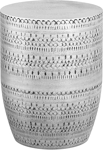 SIMPLIHOME Johnsen - Mesa de metal, 15 pulgadas de ancho, con tambor de hierro macizo, color plata antigua con patrón tribal, mesa auxiliar redonda