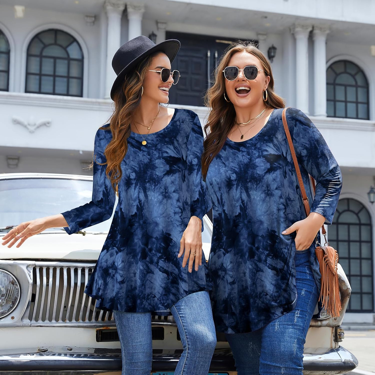 MONNURO Womens 3/4 Sleeve Tops Casual Loose Fit Swing Plus Size Tunic Blouse Basic Shirts