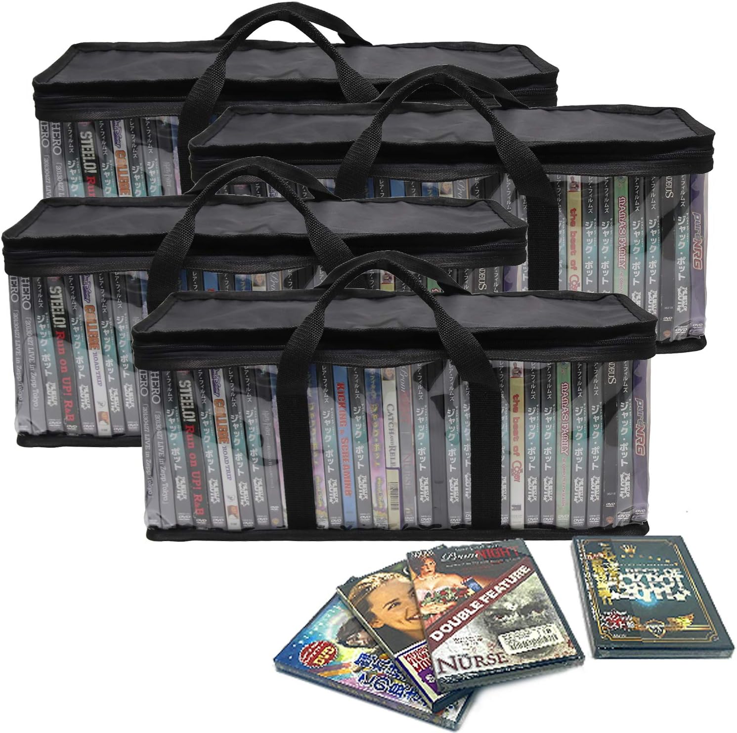 Potable DVD Storage Bags (4-Pack)，Stackable Movie DVD Organizer with Handles,Holds up to 160 DVDs (40 Each Bag),Convenient Travel Case for Media
