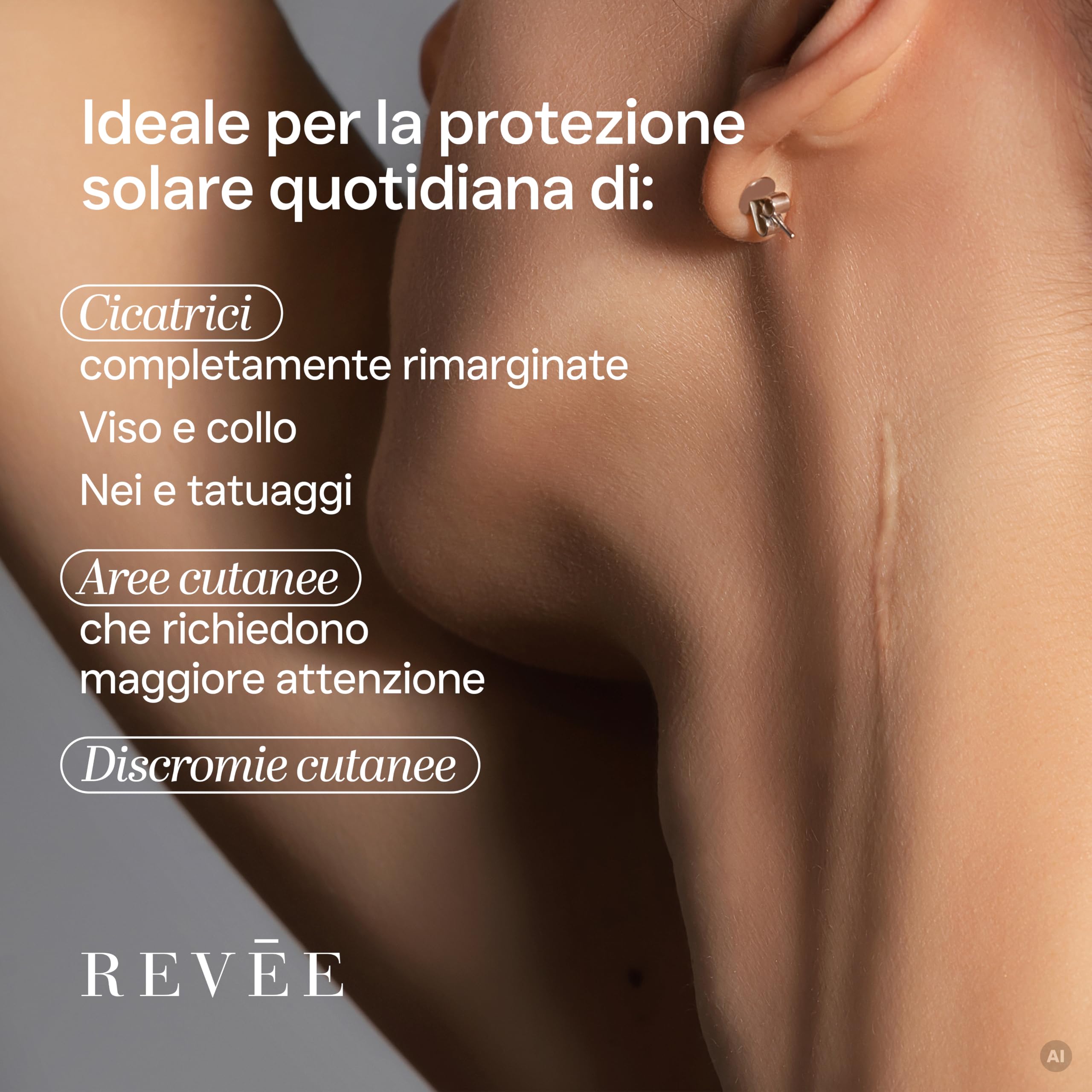 REVÉE Sun Care, Protezione Solare Cicatrici - SPF 50+ Viso e Corpo – Protegge Cicatrici, nei, Macchie Solari – Made in Italy – Nickel Tested, Gluten Free – 150 ml
