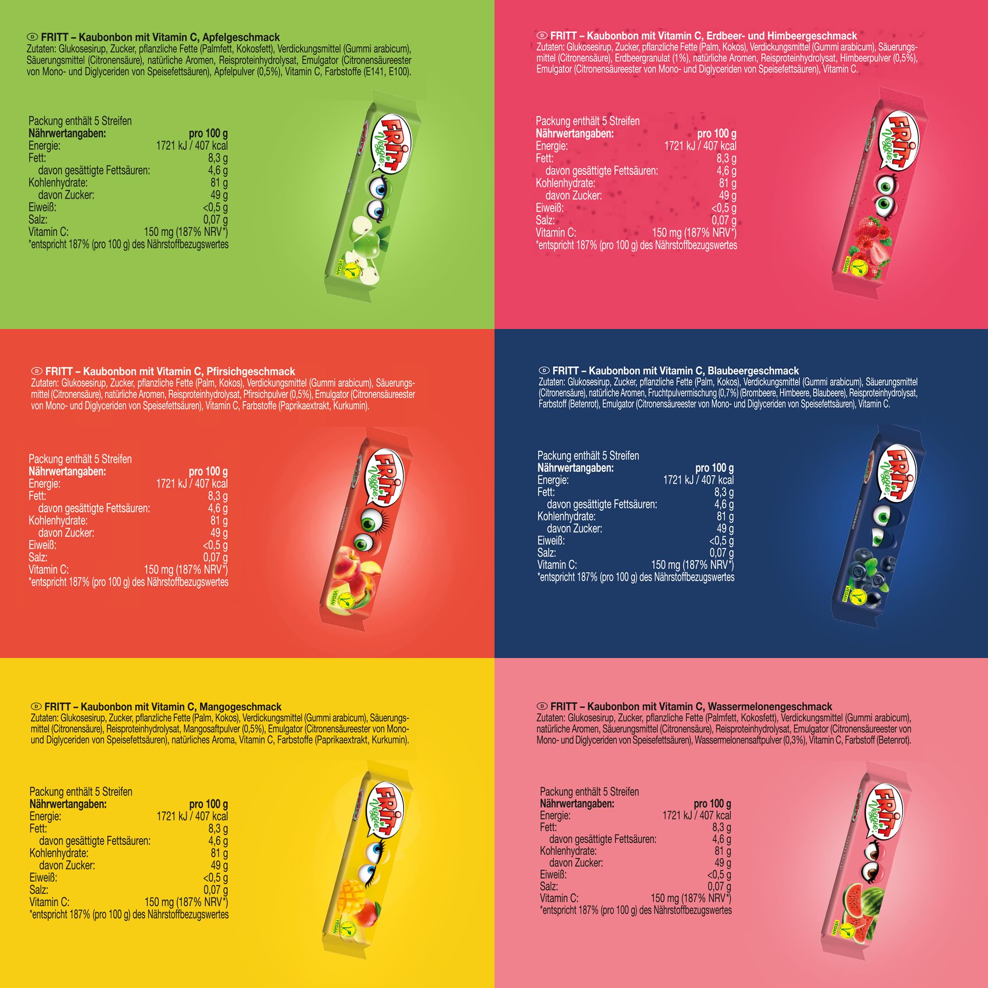 FRITT Vegan 40 x 70g, vegane Kaubonbons in 6 fruchtigen Sorten mit Vitamin C, Großpackung