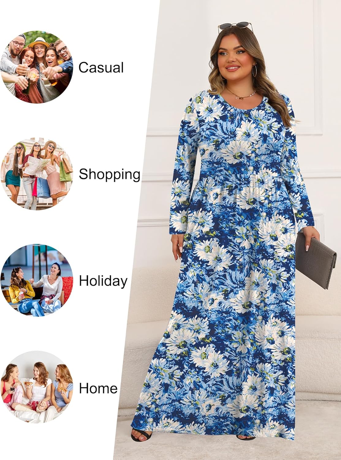 Tencede Womens Plus Size Maxi Dresses Long Sleeve with Pockets Casual Long Dress 1X-5X - Image 5