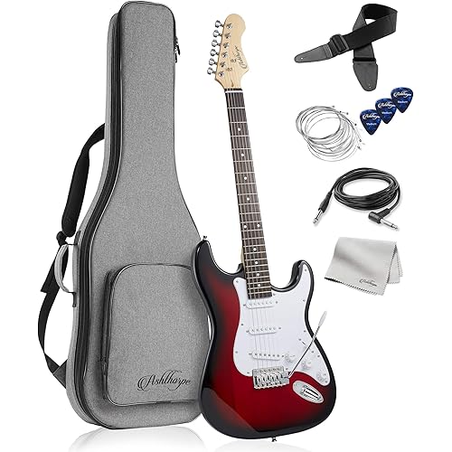 Ashthorpe 39-Inch Electric Guitar (Red-White), Full-Size Guitar Kit with Padded Gig Bag, Tremolo Bar, Strap, Strings, Cable, Cloth, Picks