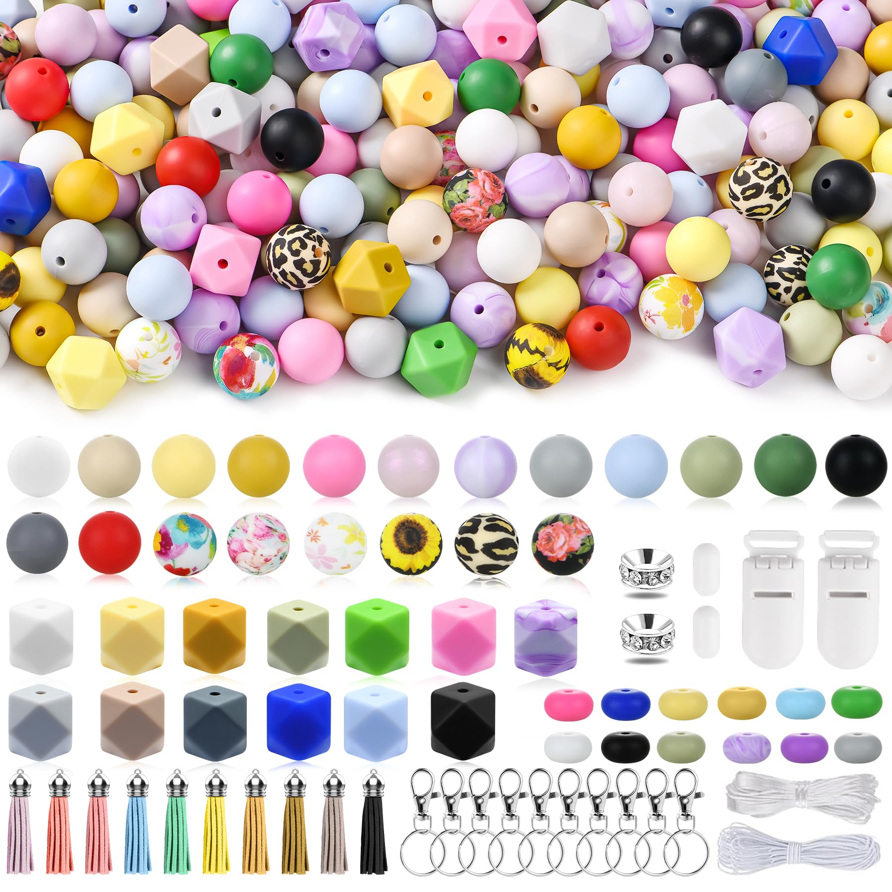 Skalamio 246Pcs Silicone Beads for Keychain Making, Floral Printed 15mm Silicone Beads Bulk, Round Beads for Bracelet Beadable Pens Necklace Jewelry Crafts