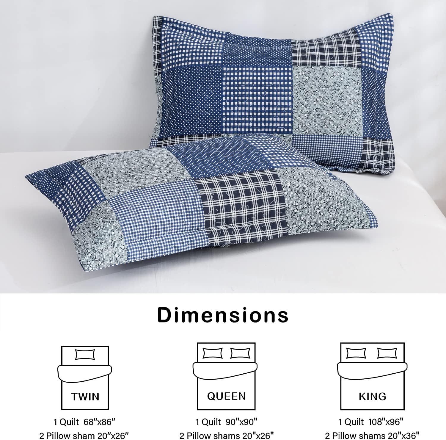 Hailea Plaid Patchwork Quilt King Size Lightweight Buffalo Checkered Bedding Stripes Bedspread Coverlet All Season Home Bedding Decor with 2 Pillowshams