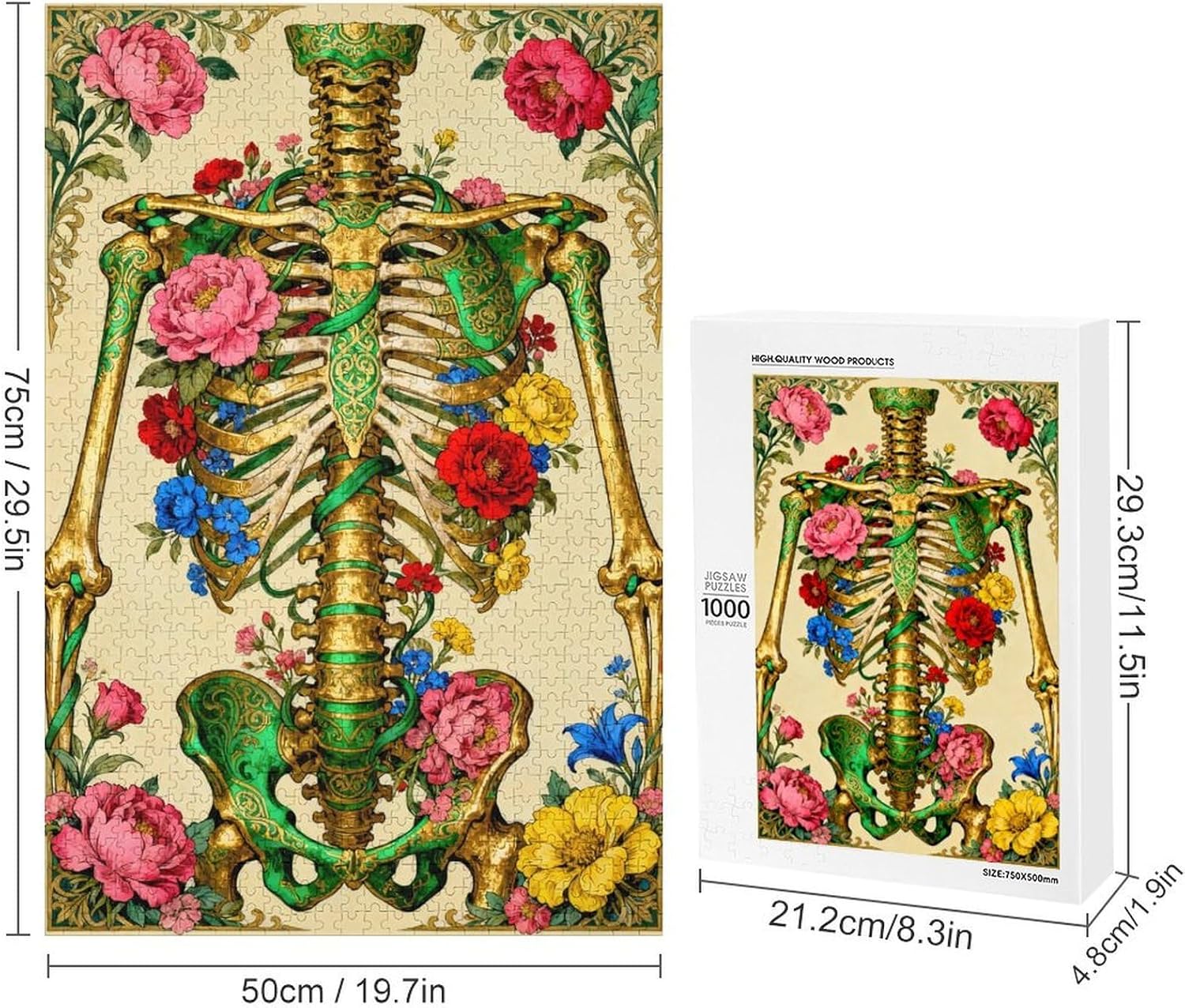 Spine Skeleton Jigsaw Puzzle 1000 Pieces for Adults, Human Anatomy with Flower Artwork, Colorful DIY Puzzle, Challenging Family Activity, Relaxing Home Decor, Fun Educational Gift 30x20