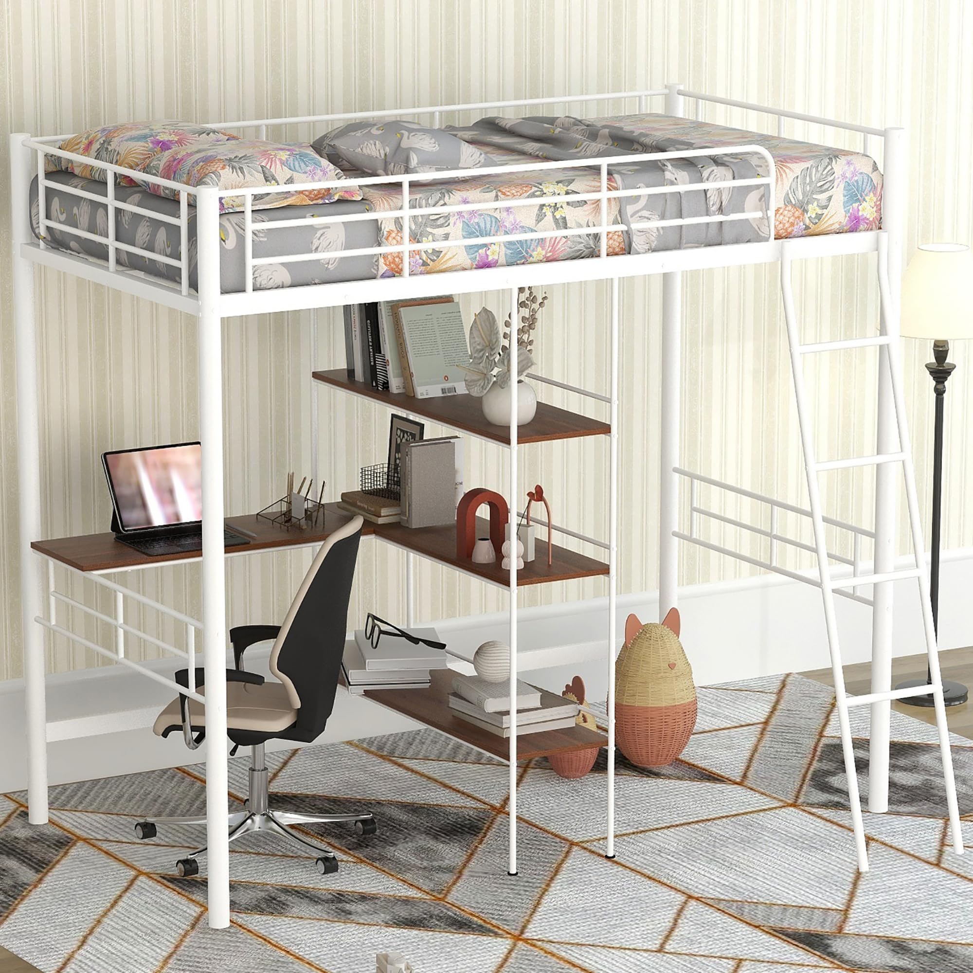 Twin Loft Bed with Desk and 3-Tier Storage Shelves, Metal Loft Bed Twin Size with Full-Length Guardrail and L-Shaped Desk, White Loft Bed for Kids, Teens, Boys, Girls, No Box Spring Needed