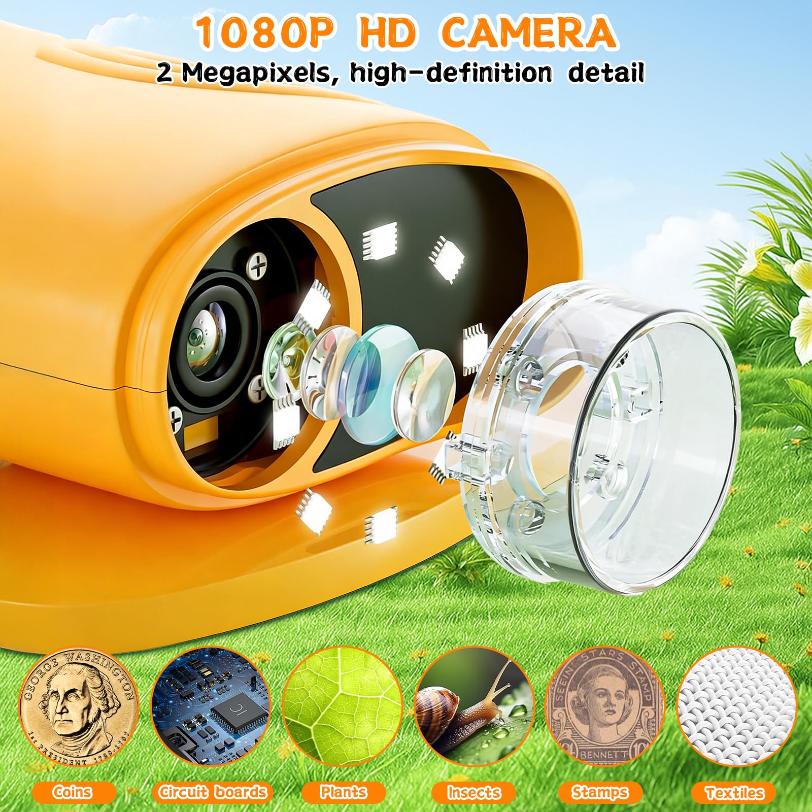 Numérique pour Enfants 1000X, 2.0 Pouces Microscope Enfant, 8 LED, USB Rechargeable, Jouet Scientifique et Éducatif, Sciences de Plein air pour Les 3 Ans et Plus, garçons et Filles