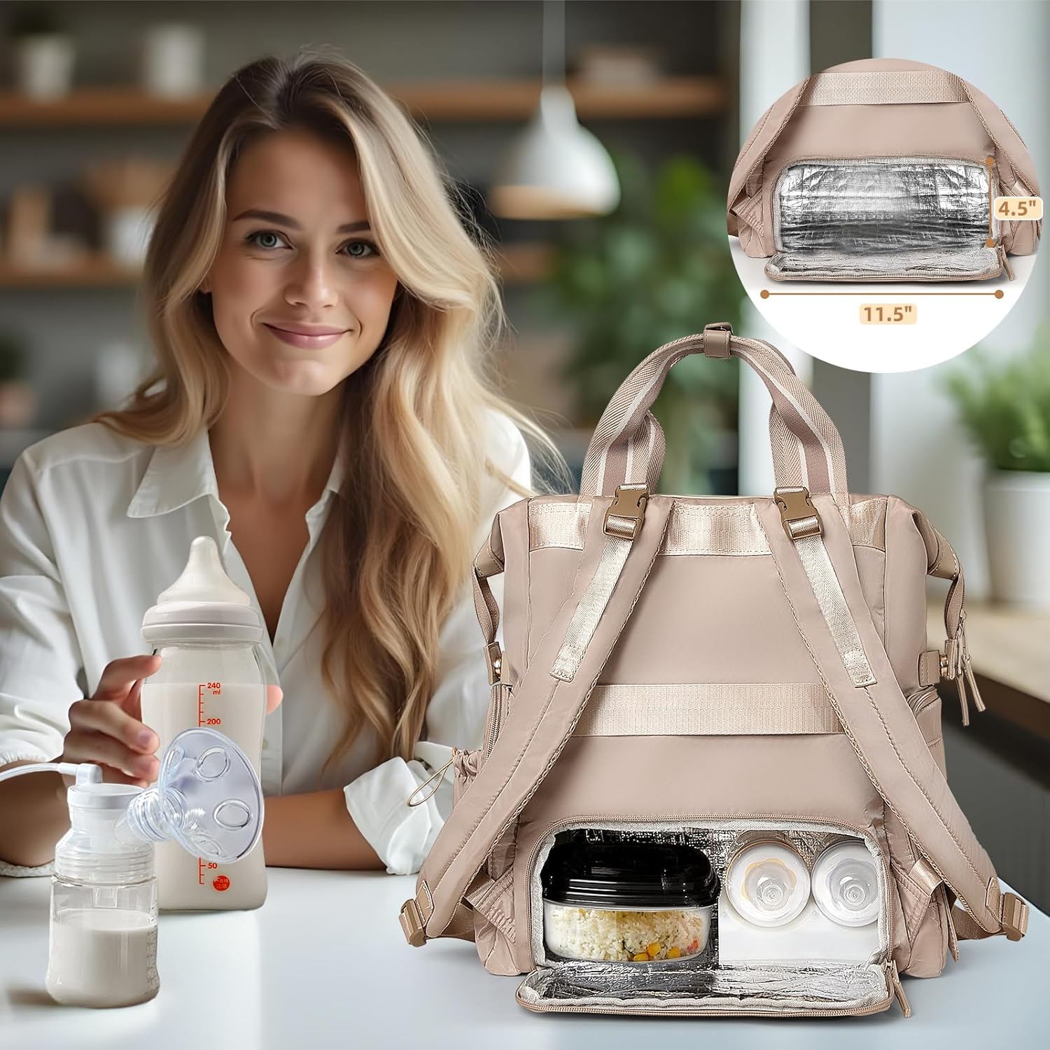 Omanmoli Diaper Bag Backpack Quilted Baby Diaper Bag Lunch Backpack Pañaleras Para Bebe for Working Moms with 11 Pouches,Large Insulated Cooler Compartment,Stroller Straps,Changing Pad,Khaki - Image 2