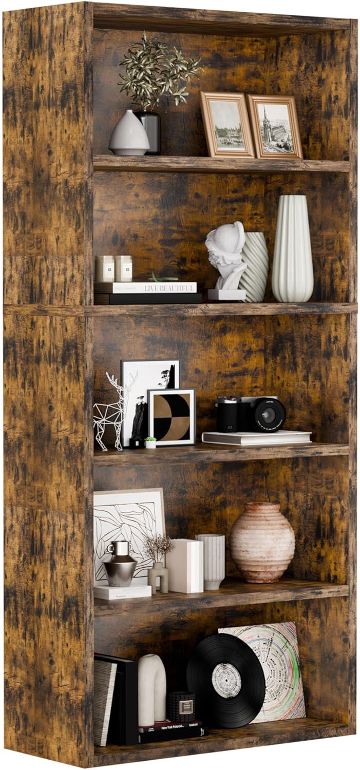 5-Tier Bookcase and Bookshelves, Freestanding Wood Bookshelf, 53" Tall Bookcase with Adjustable Shelves, for Living Room, Bedroom, Home Office, Retro Brown