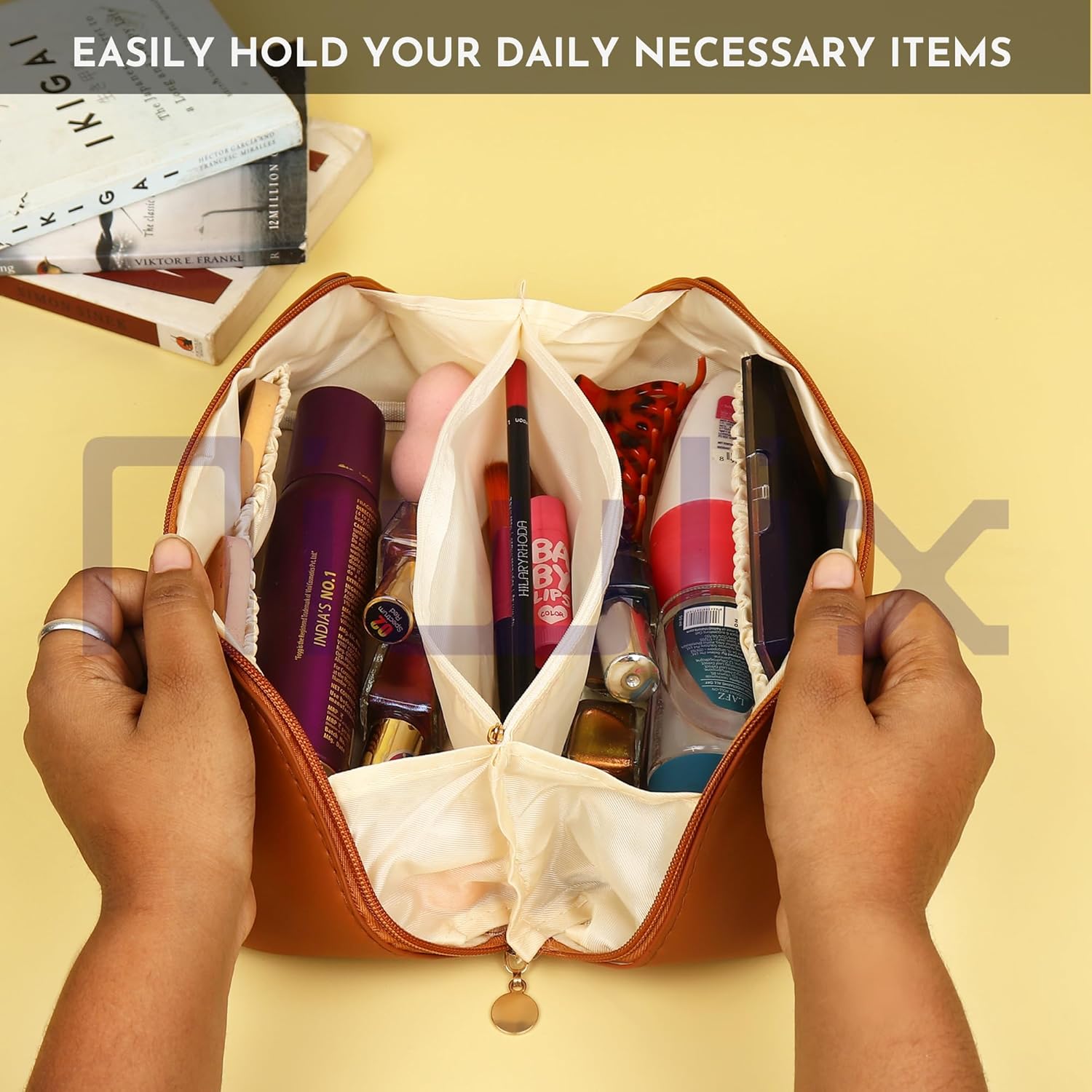 Travel Cosmetic Makeup Pouches for Women Travel Organizer Bag Portable Pouch Open Flat Toiletry Bag Make Up Organizer with Divider and Handle, Brown, Travel Accessories