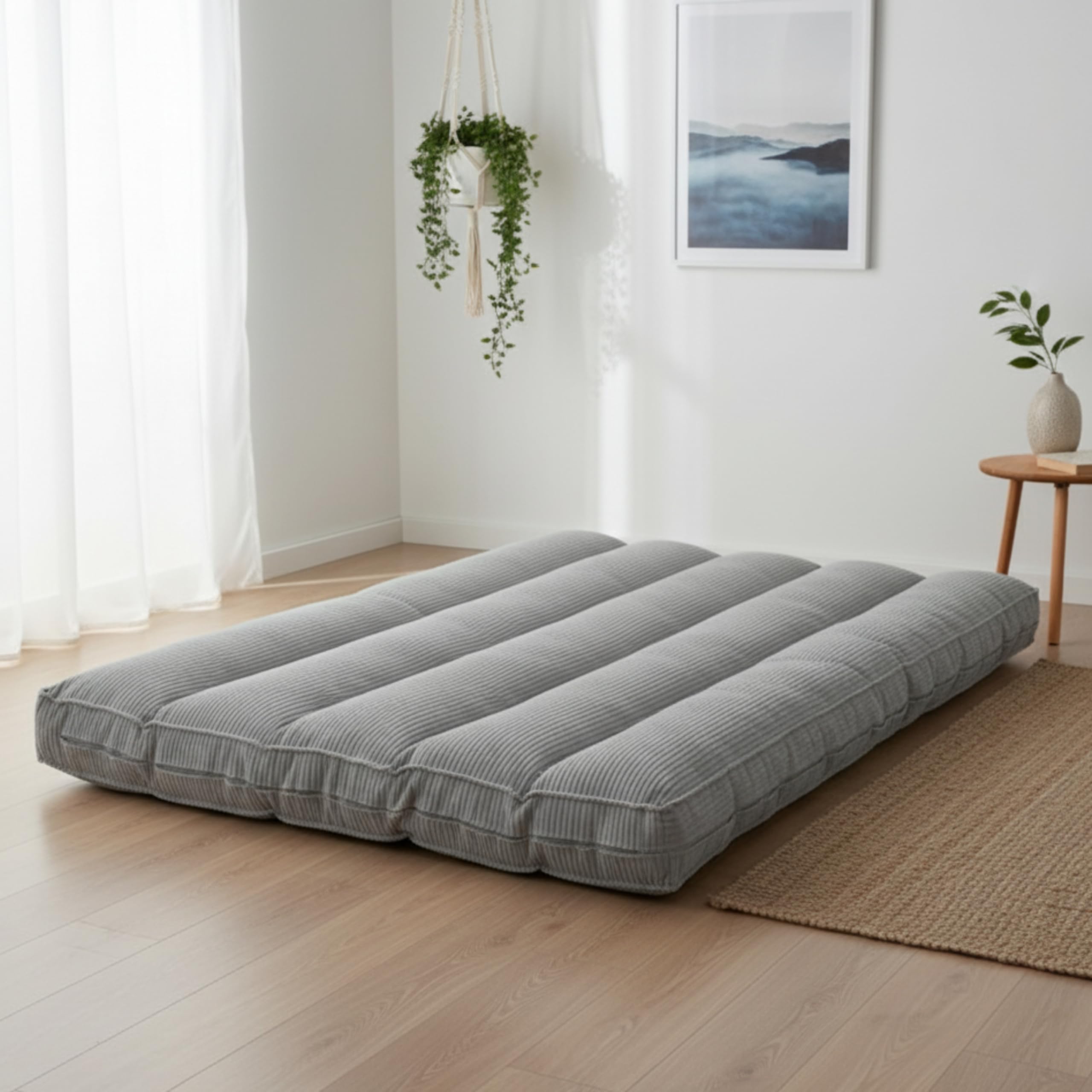 bananair Futon für 2 Personen - Dick & Bequem, Waschbarer Bezug, Ideal als Klappbare Bodenmatratze - Japanische Matratze, Aufbewahrungsgurt Enthalten (140 × 190 cm, Hellgrau)