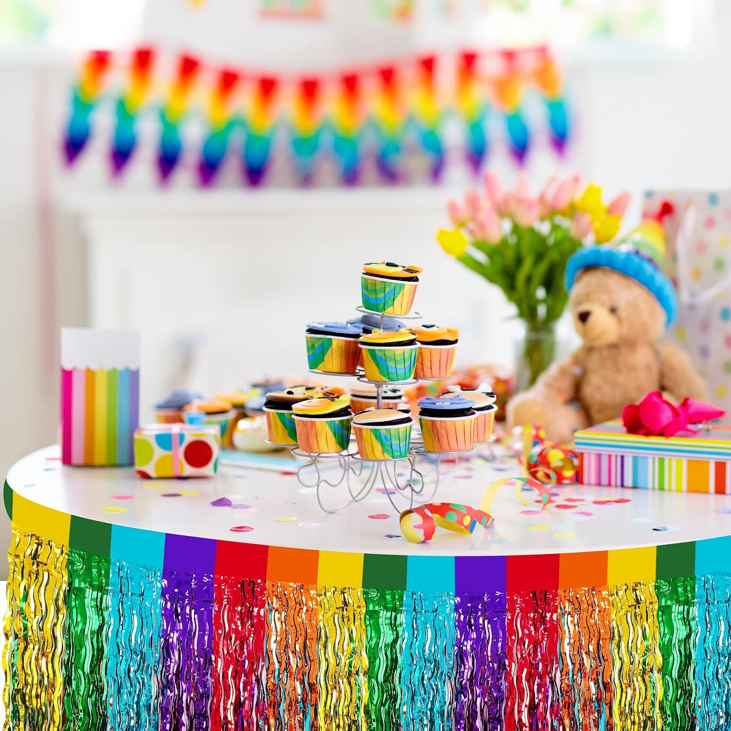 Morcheiong 2 Pack 29.5x108 Inch Rainbow Foil Fringe Tinsel Table Skirts Disposable Table Skirt Banner for Rectangle Tables Tinsel Backdrop Curtain Party Supplies Wedding Parade Floats Decorations