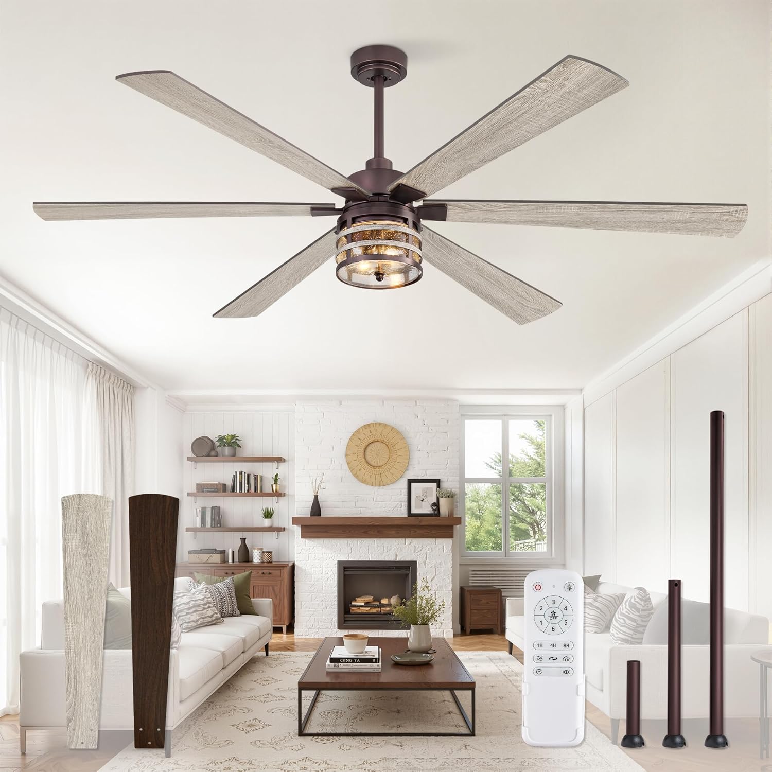 72 Inch Farmhouse Ceiling Fans with Lights and Remote,Industrial Large Ceiling Fan with 6-Speed Reversible DC Motor and 6 Dual Finish Blades,Oil Bronze Ceiling Fan with Light for Living Bedroom Patio Oil-Bronze 72 inch