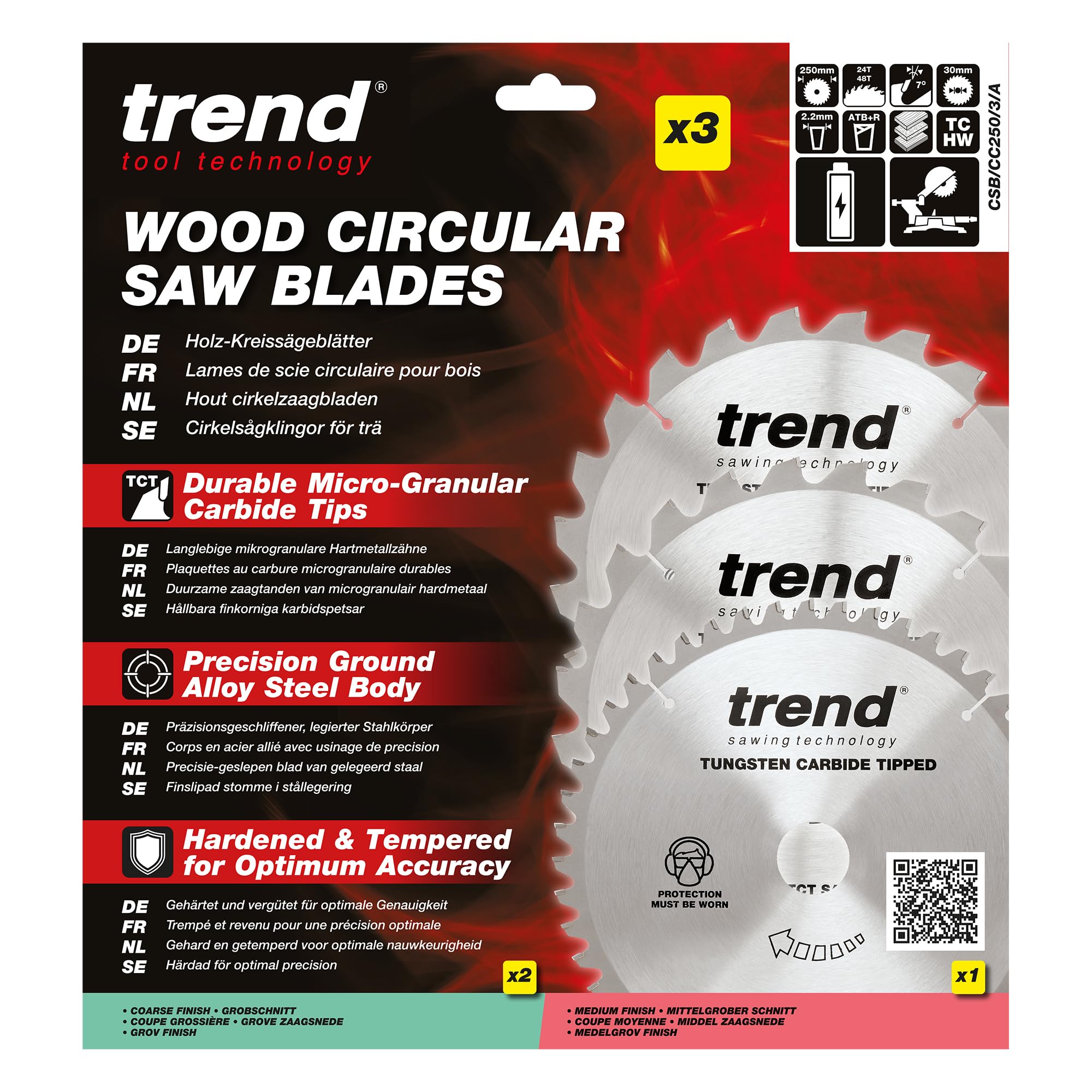 Trend TCT Brzeszczot do pilarek ukosowych 250x30 mm 24/48T, 3 szt | Zestaw 3 ostrzy TCT do drewna: zęby 24/48T, +7° hook, cięcie 2,2 mm, grubo–średnie wykończenie, CSB/CC250/3/A