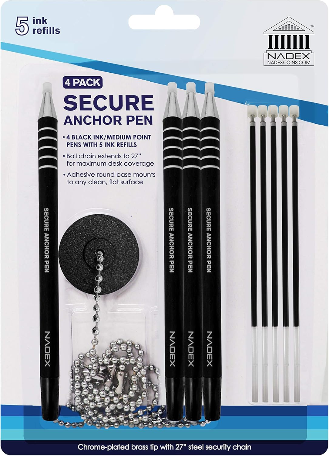 Nadex Ball and Chain Security Pen Set | 4 Pens, 1 Adhesive Mount, and 5 Refills (Black)