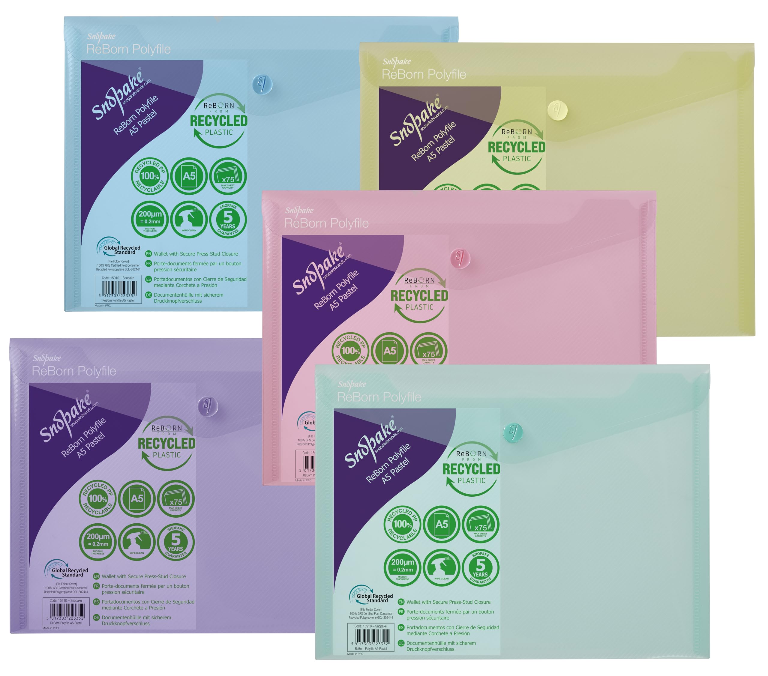 Snopake [100% Recycled] A5 Reborn Polyfile Popper Wallet with Press Stud Closure – Pastel Asstd [Pack of 5] Ref: 15910