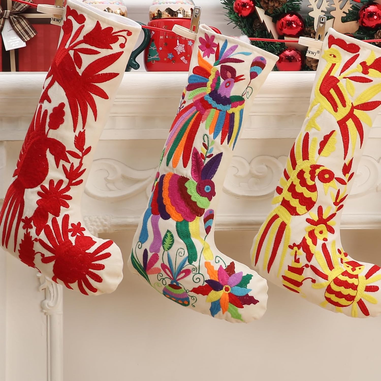 YZXDORWJ 2 Pack Mexican Embroidered Christmas Stockings 18 Inches Otomi Animals Colorful Floral for Family Holiday Decor (GR+GMR)