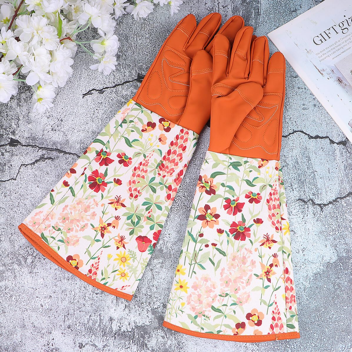 Gartenhandschuhe Leder Dornenfest mit Extra Langem Schutz Arbeitshandschuhe aus Polyester mit Flexiblem Design und Verstärktem Armschutz für Gartenarbeit