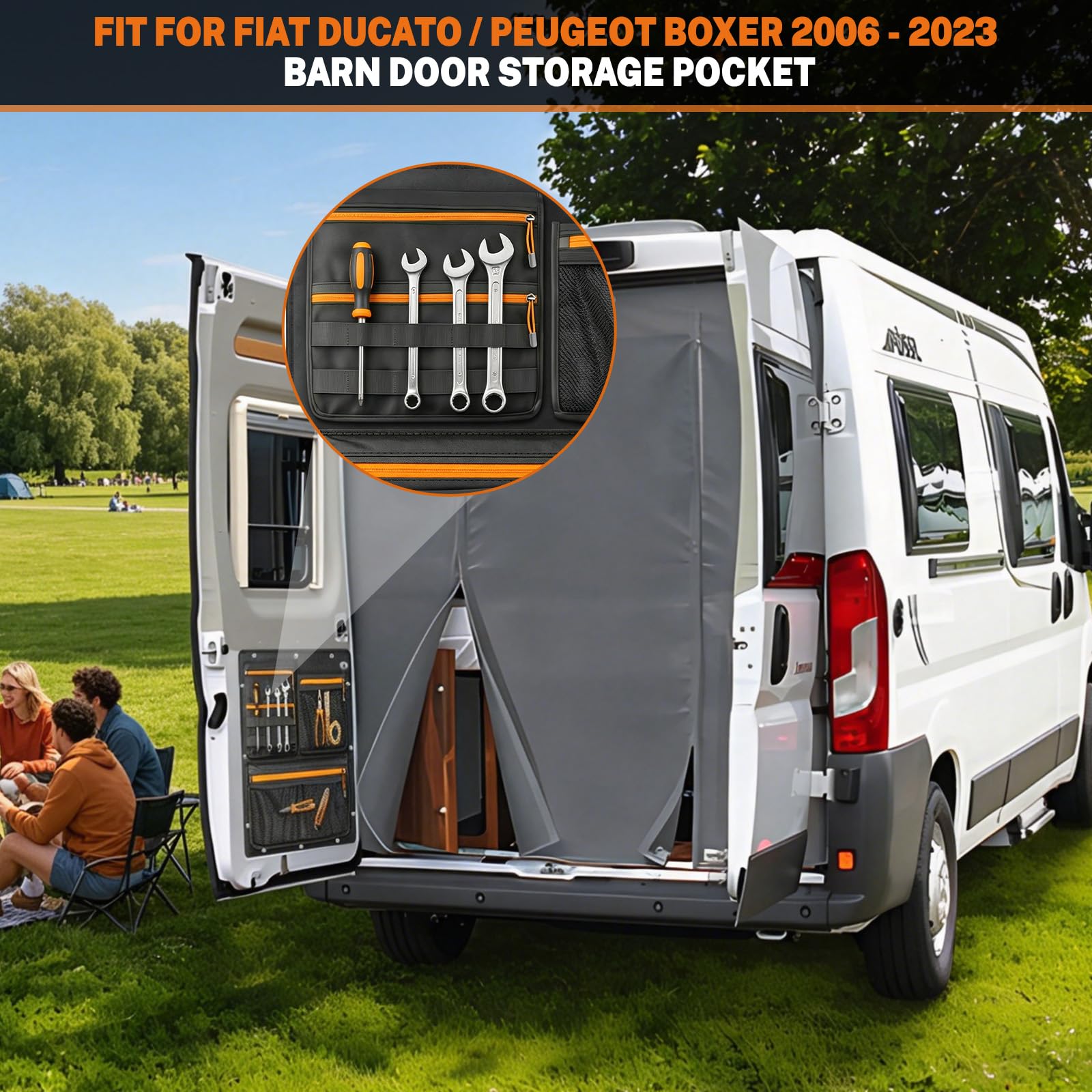 Scheunentor Aufbewahrungsorganizer kompatibel mit Fiat Ducato/Citroen Jumper/Peugeot Boxer 2006-2026, 1680D Polyester Taschen-Organizer für Hecktüren
