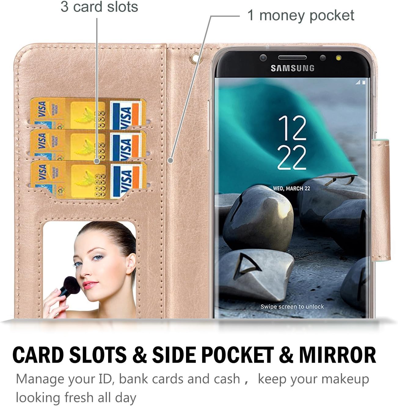 ProCase Galaxy J7 2018 Wallet Case, Galaxy J7 Aero/J7 Star/J7 Top/J7 Crown/J7 Aura/J7 Refine/J7 Eon Folding Flip Kickstand Case Protective Book Cover with Card Holders Mirror Wristlet -Black