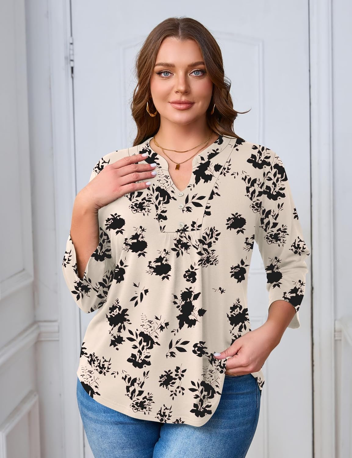 TFSDOD Women Shirts Plus Size 3/4 Sleeve Boho Tops Casual V Neck Dressy Blouses Flowy Business Loose Fit Work Tunics Tops - Image 2